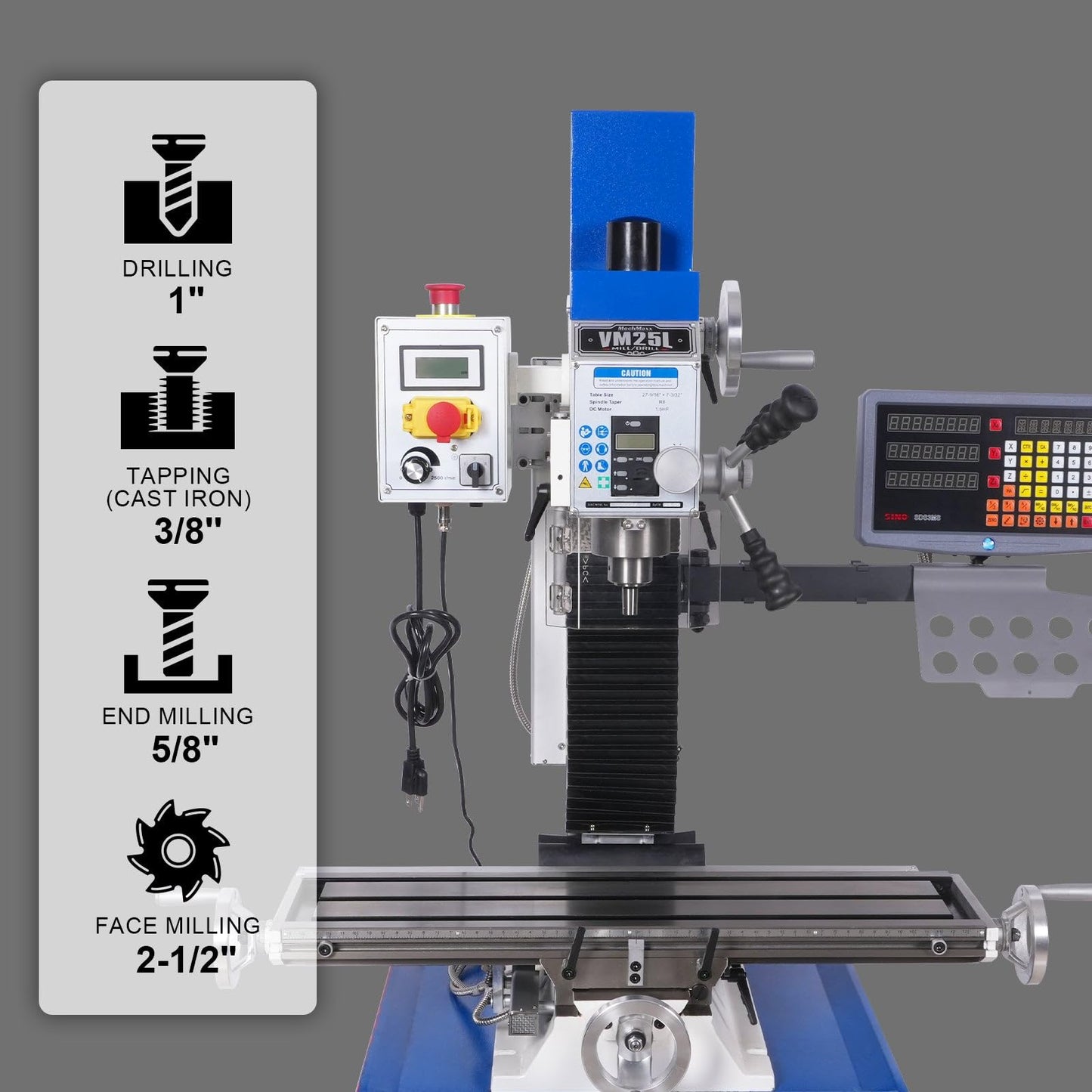 Mechmaxx 1.5HP 7''x 27-1/2''Benchtop Mini Mill Drill Machine, Variable Speed, R8 Spindle, Brushless Motor, 110V, Compact Milling Drilling Tool for Garage Shop, DIY Metalworking without Stand, VM25LD