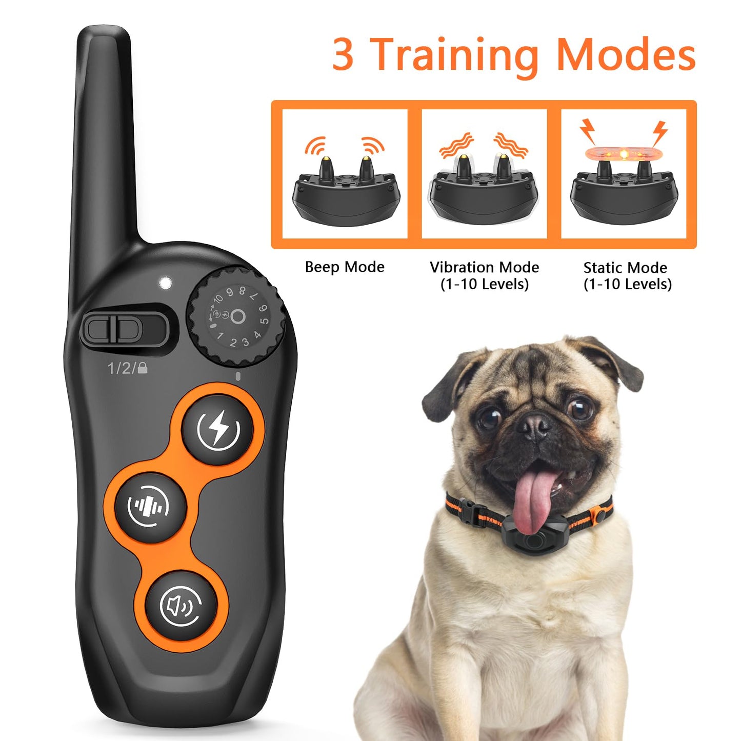 Dog Training Collar, IPX7 Waterproof Dog Shock Collar with Remote Control Range 1300ft, 3 Training Modes, Beep, Shock, Vibration, Rechargeable Shock Collar for Large Medium Small Dogs