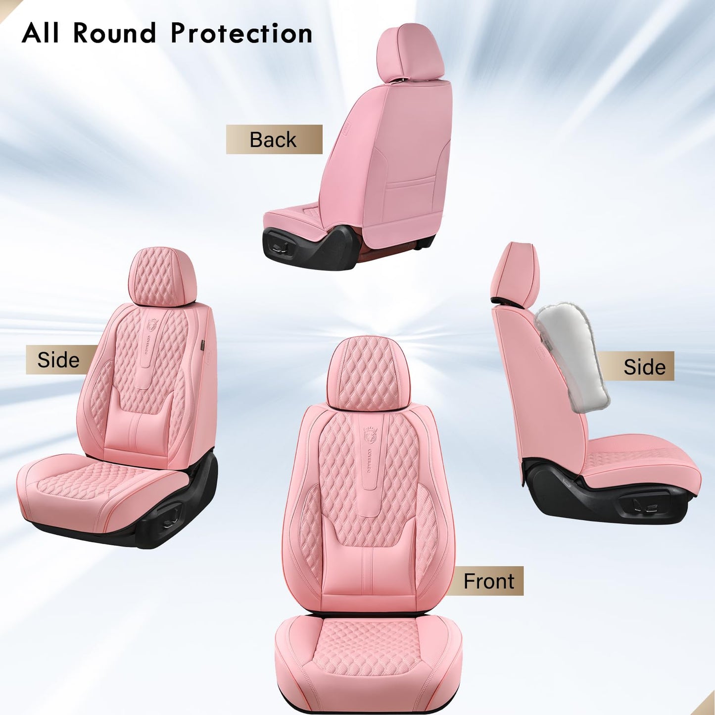 Coverado Seat Covers Full Set, Pink Car Seat Covers, Waterproof Car Seat Cover with Lumbar Support, Leather Car Seat Cushion Protector, Car Seat Covers Universal Fit Most Cars