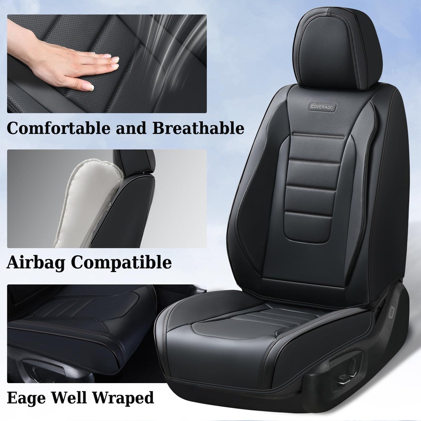 Coverado Seat Covers Full Set, Car Seat Cover Black, Seat Covers for Cars, Car Seat Protector, Nappa Leather Car Seat Cushion, Waterproof Car Seat Covers Front Seats and Back Fit for Most Cars