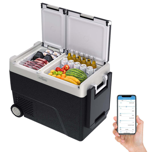 51 QT(48L) Portable Car Electric Cooler, 12V Refrigerator Fridge Freezer for Car, Dual Zone, -4℉~68℉, App Control, Wheels, AC/DC Charger for Camping, Picnic, Travel, Road Trip, Black