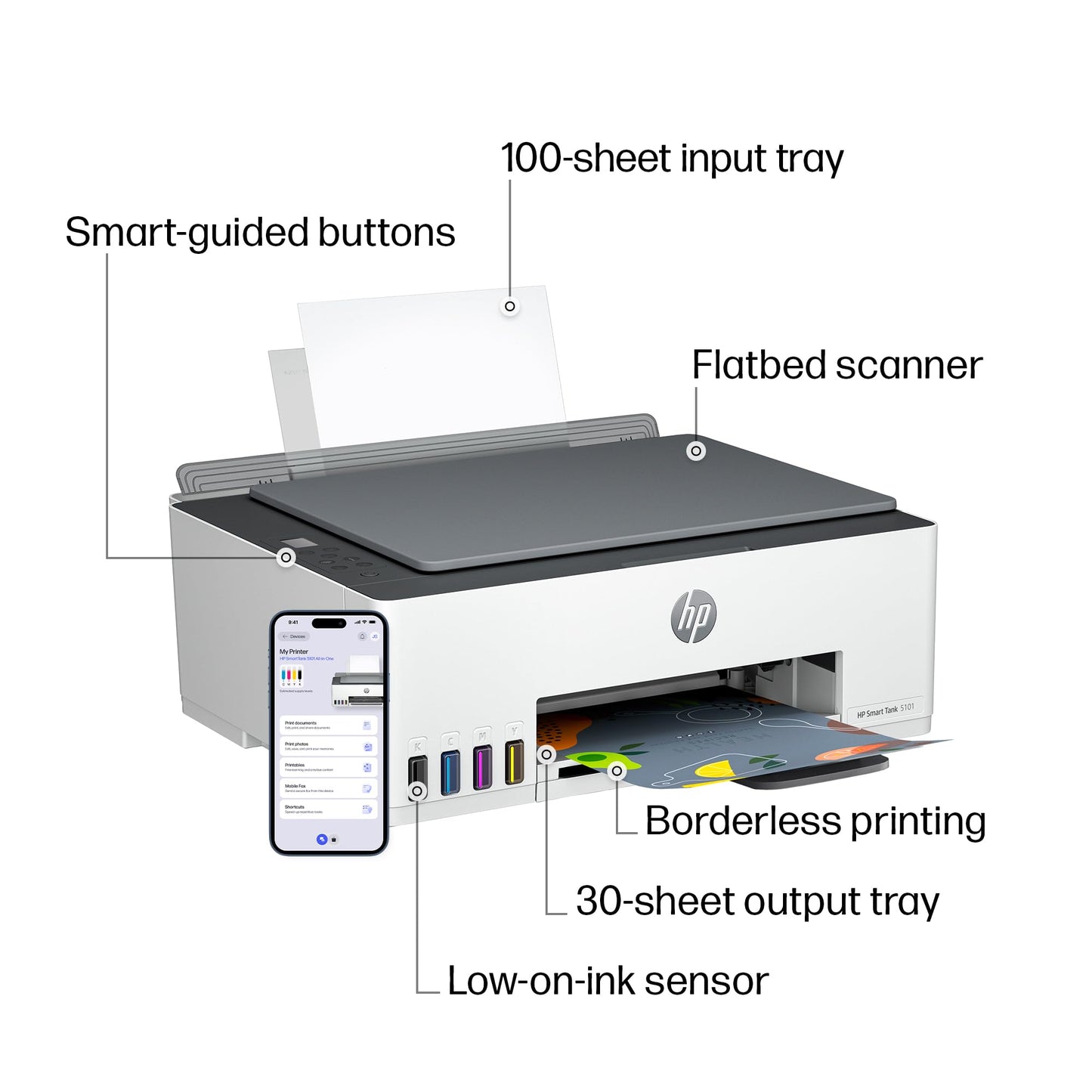 HP Smart Tank 5101 Wireless All-in-One Ink Tank Printer, Scanner, Copier with 2 years of ink and 100 sheets of photo paper included, Best-for-home, Refillable, AI-enabled (1F3Y0A)