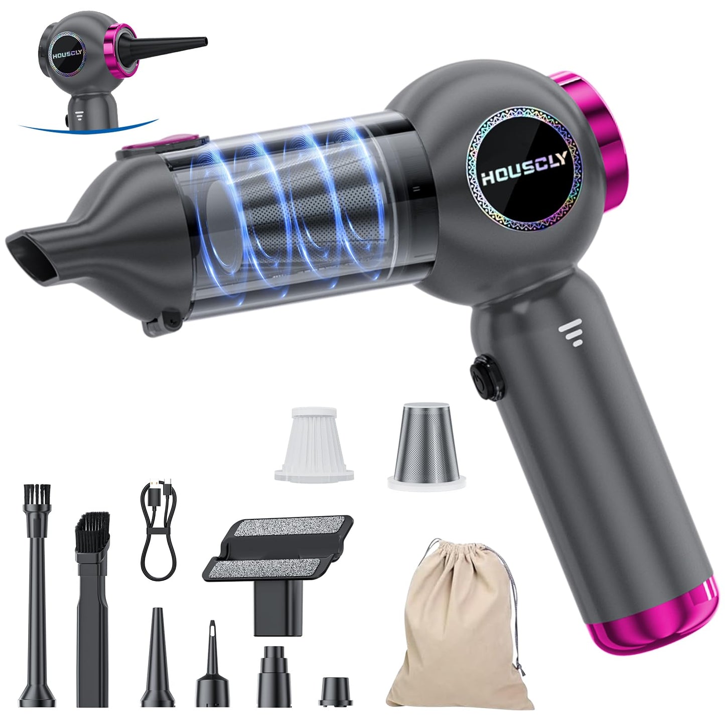 Handheld Car Vacuum Portable Cordless 25000Pa High Power Small Mini Hand Vacuum Cleaner Rechargeable 4-in-1 Compressed Air Duster Blower Pump Wireless Handheld Vac for Car Office Desktop Home Cleaning