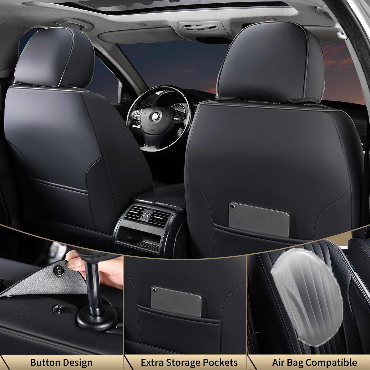 FLORICH Car Seat Covers, Premium Leatherette Car Seat Cushions Full Set, Black Seat Covers for Cars Front Seats and Back, Automotive Seat Protectors Universal Fit for Most Sedans Cars SUV Trucks