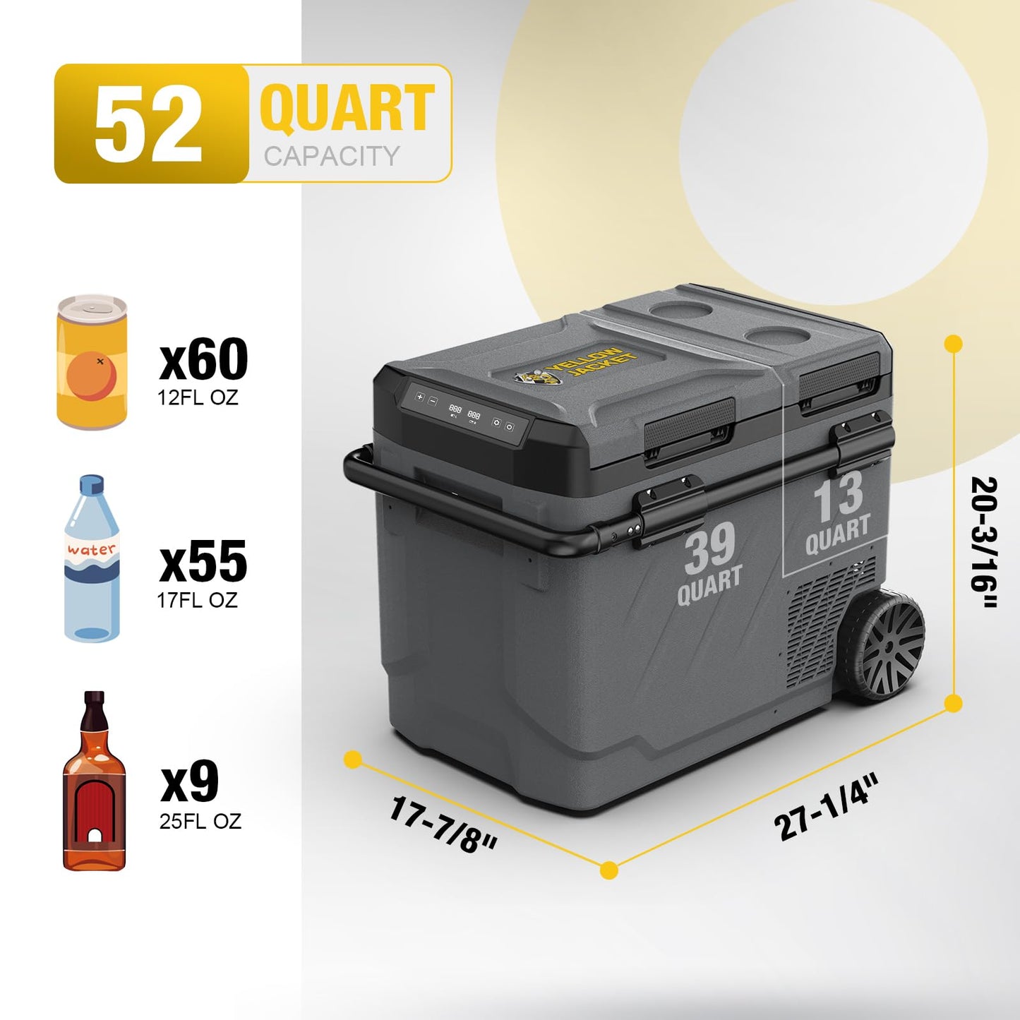 YELLOW JACKET 12v Car Refrigerator, 52-Quart Portable Freezer Electric Cooler with Wheels, 12V Car Fridge for Outdoor Camping Travel,12/24V DC 110~240 Volt AC Refrigerator for Home,RV, Offic