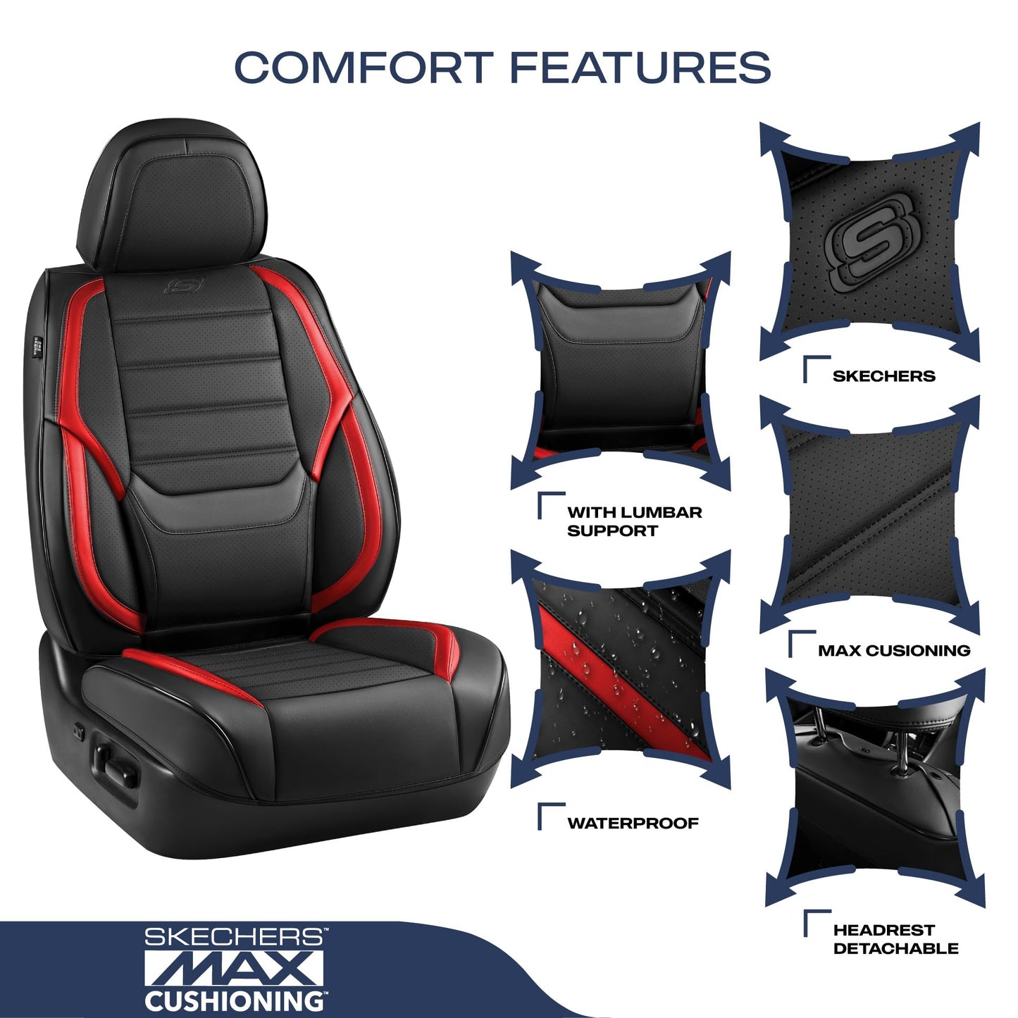 Skechers Seat Covers,Memory Foam Leather Car Seat Covers,Waterproof Car Seat Protector Full Sets,Car Seat Cushion Airbag Automotive Universal Fit for Most Cars,Vans,Trucks,SUV,Red