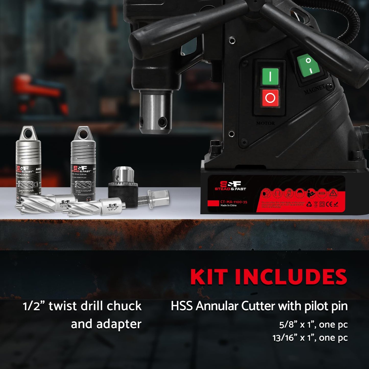 S&F STEAD & FAST Mag Drill Press Kit, 1100W Portable Magnetic Drill, 700 rpm No Load Speed, Max Depth of Cut 2", Max Boring Diameter 1-9/16", Carrying Case