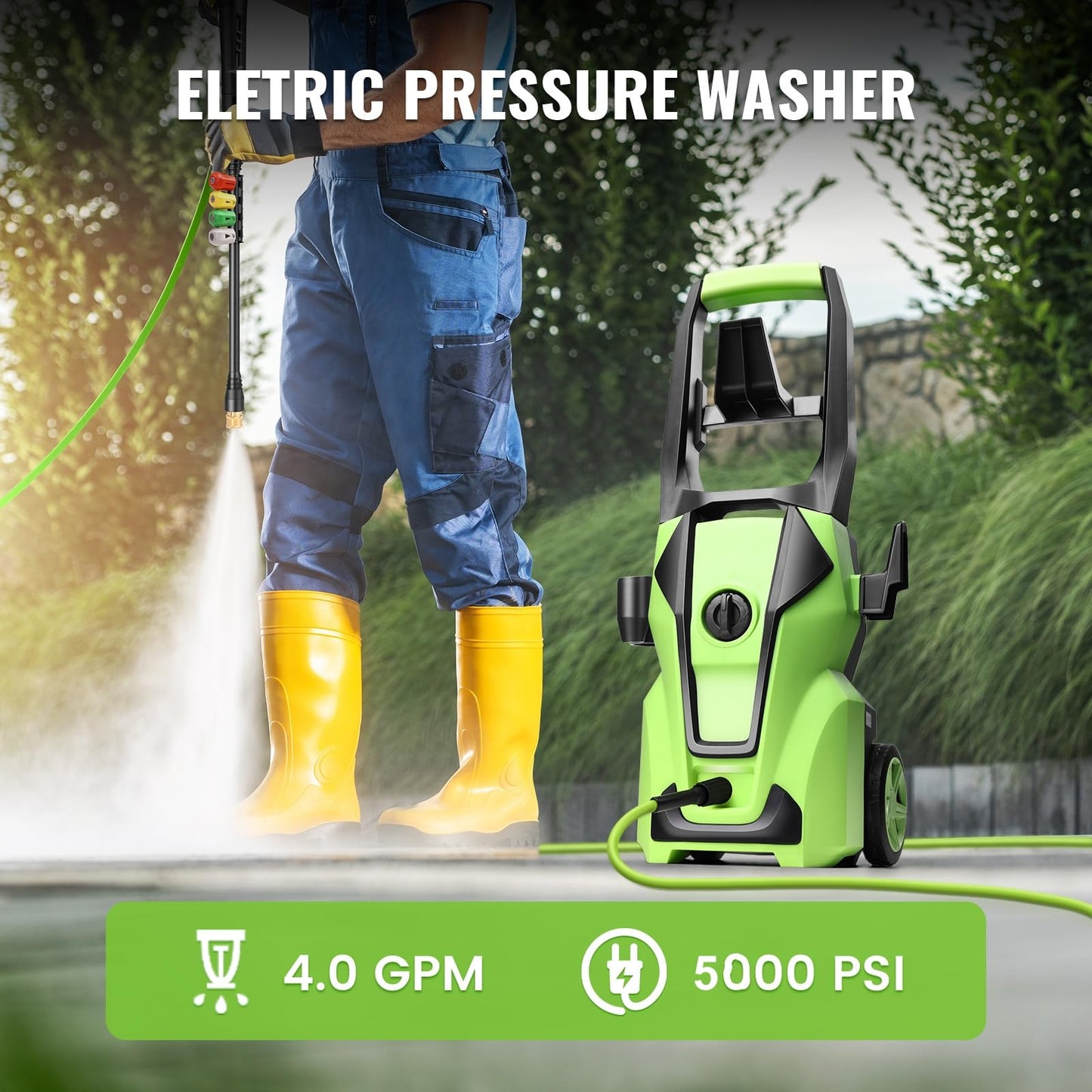Pressure Cleaner 5000PSI Max 4.0GPM with 33FT Flexible Extension Hose, 4 Nozzles, Foam Cannon, Power Cleaner Powered for Cars, Patios, Driveways, Green