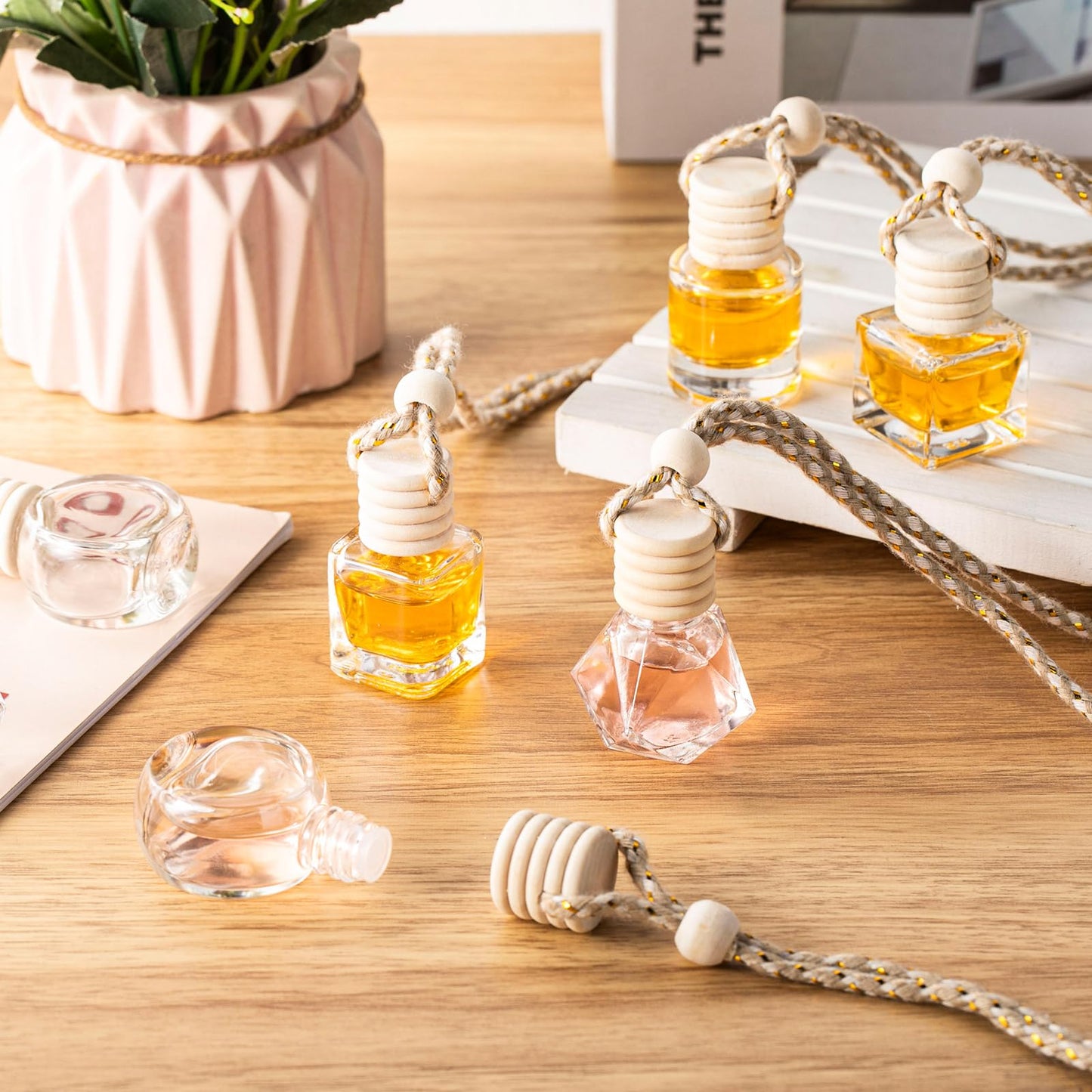 Zubebe 500 Pcs Hanging Car Diffuser Bottles Bulk, 5 Styles Empty Glass Refillable Air Freshener Bottles with Wooden Cap for Perfume Essential Oils Fragrance Aromatherapy Ornament, 8ml 10ml