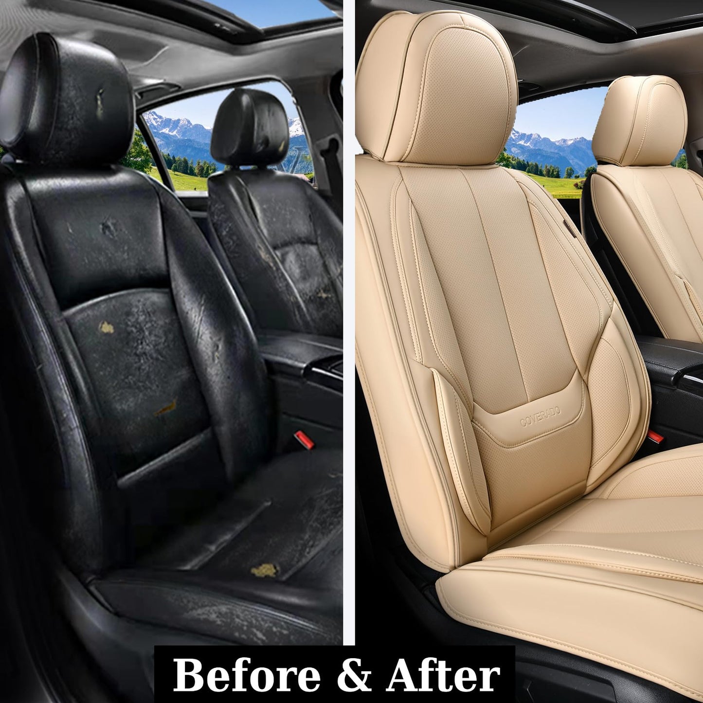 Coverado Front Seat Covers, 2 Pieces Universal Seat Covers for Cars, Waterproof Nappa Leather Sideless Auto Seat Protectors, Car Seat Cushions Universal Fit for Most Sedans SUV Pick-up Truck Beige