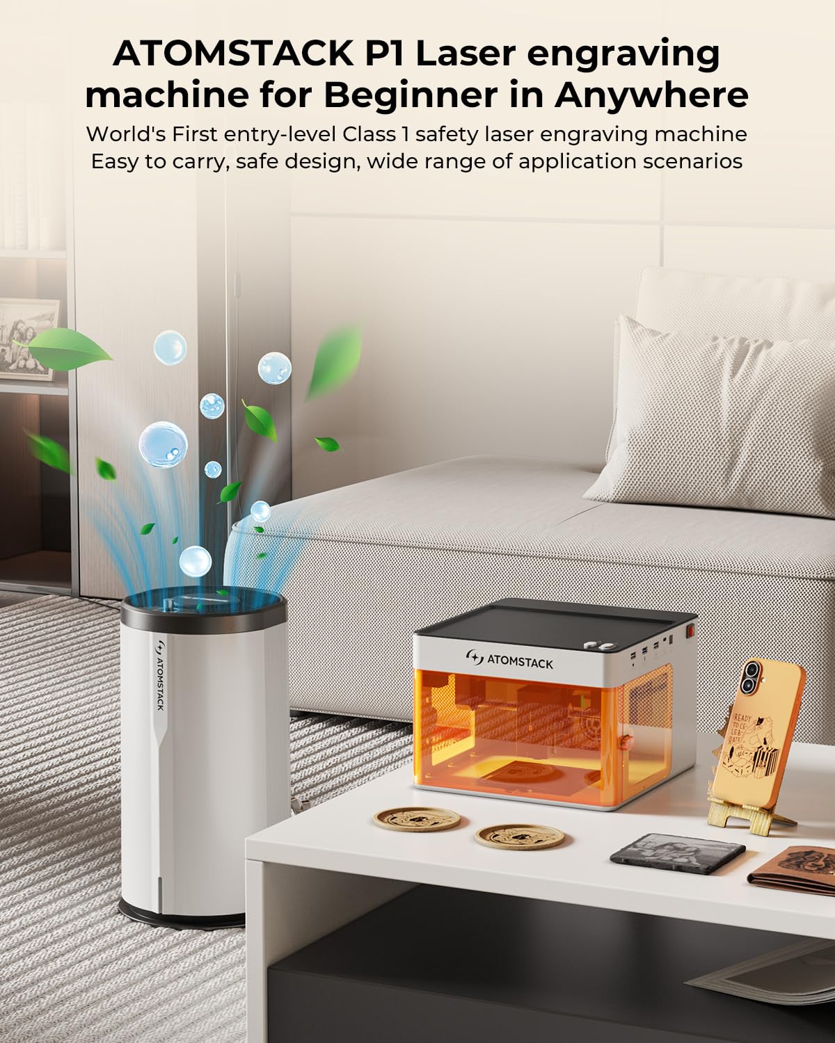 ATOMSTACK P1 5W Laser Engraver, Laser Cutter, Unibody Laser Engraving Machine, 10000 mm/min, 5000mW Diode for Beginners DIY, Wood, Leather, Acrylic, Metal, Portable, Single Laser, Class 1 Safe