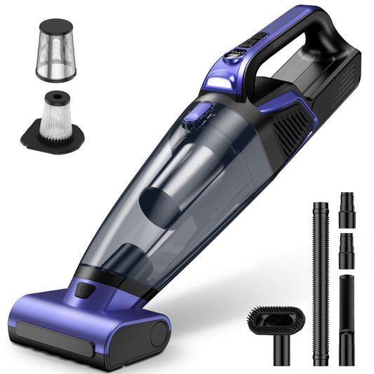 Pet Hair Handheld Vacuum Cordless: 20000PA High Power Car Vacuum with Motorized Brush and LED Light, Rechargeable Hand Held Vacuum Cleaner with Reusable Filter for Car, Home, Office & Pet, Purple