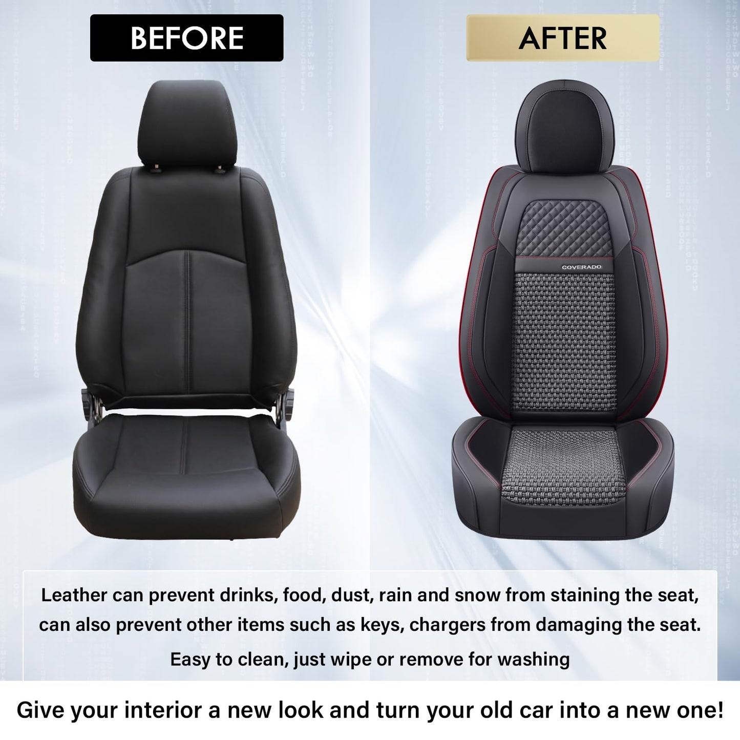 Coverado Car Seat Covers Full Set, Nappa Leather Black Seat Covers for Cars, Waterproof Car Seat Protector, Front and Back Seats Universal Fit for Most Vehicles