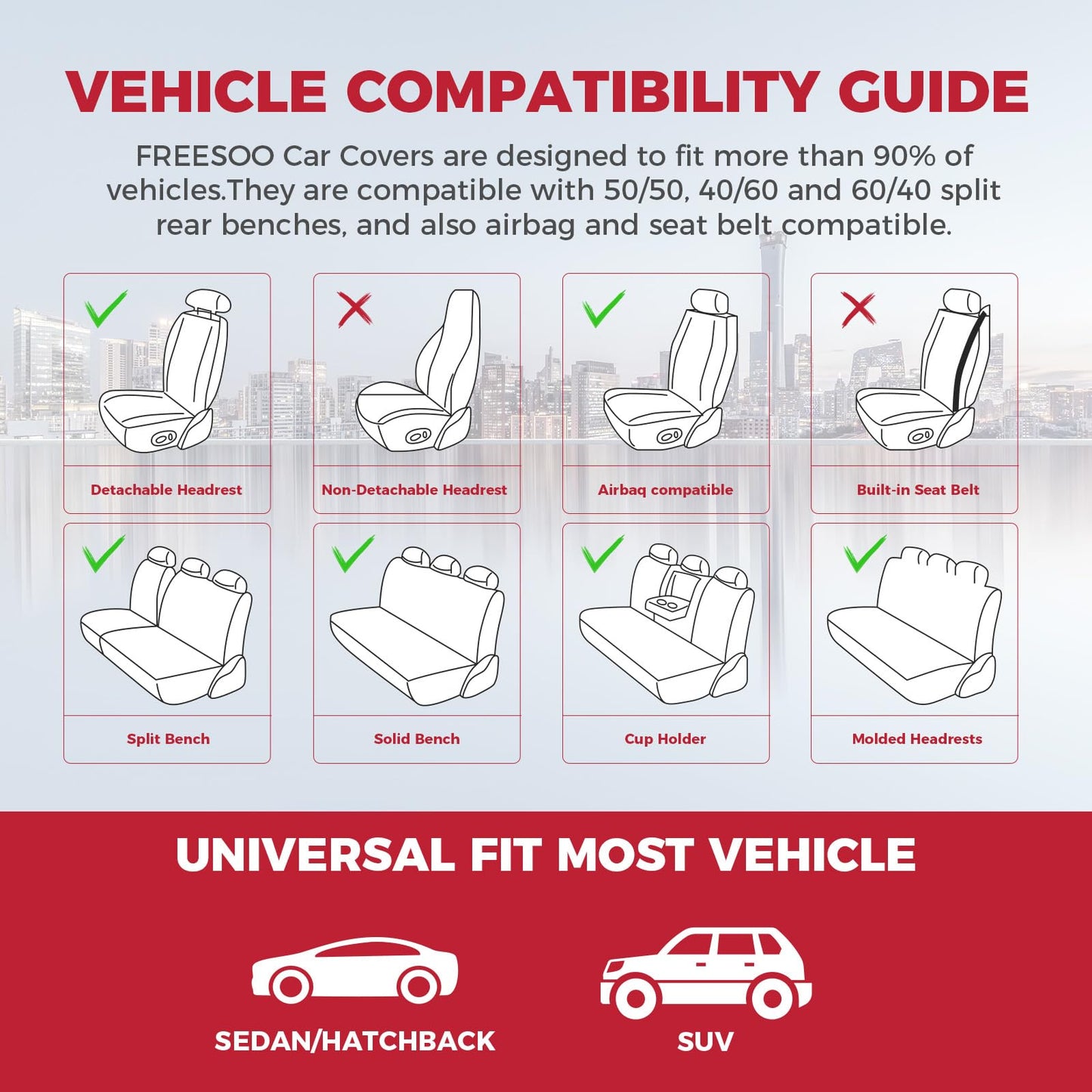 FREESOO Car Seat Covers Full Set,Waterproof Automotive Seat Covers, Leather Cars Interior Covers, Seats Protection Universal fit Babies & Adult (Black Grey)