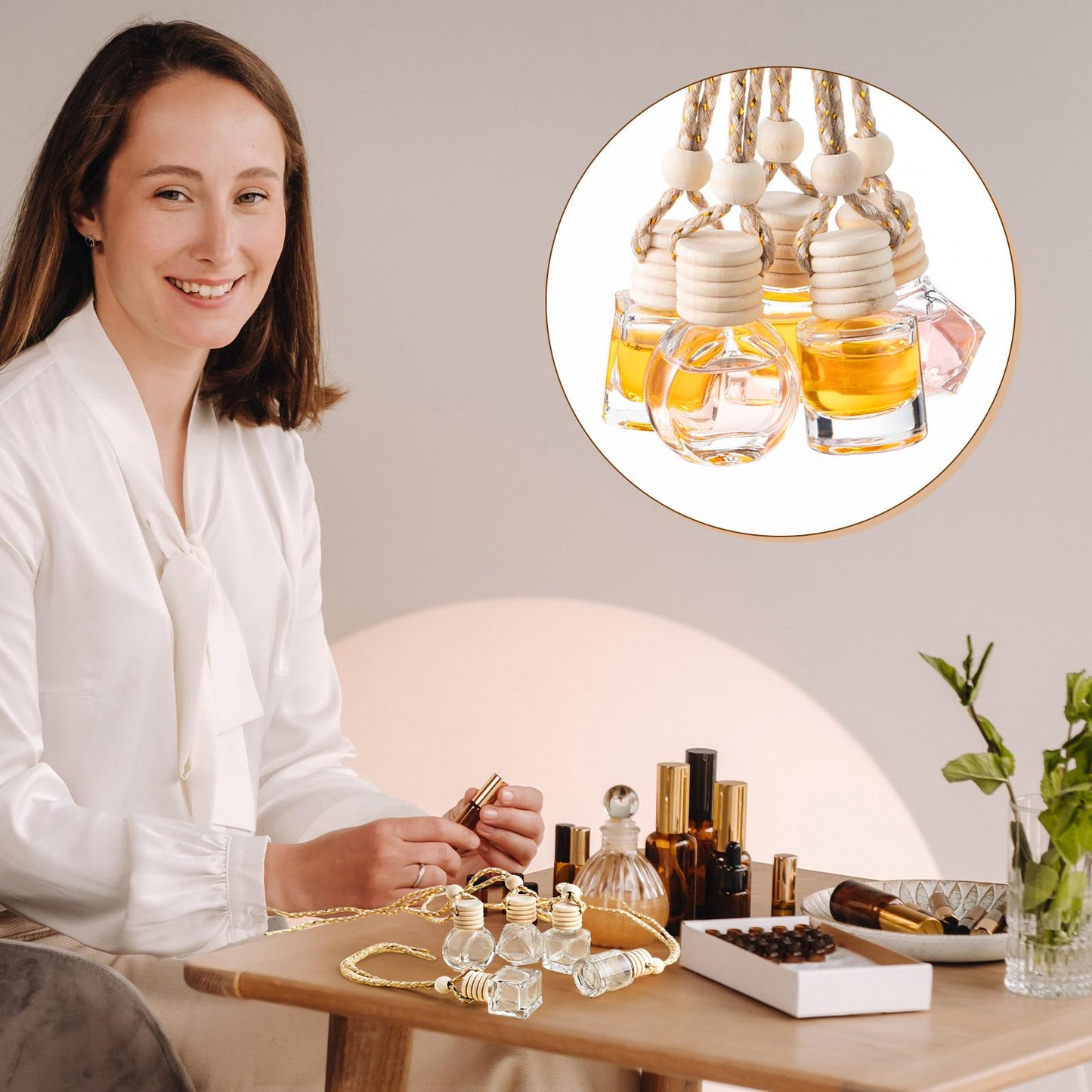 Zubebe 500 Pcs Hanging Car Diffuser Bottles Bulk, 5 Styles Empty Glass Refillable Air Freshener Bottles with Wooden Cap for Perfume Essential Oils Fragrance Aromatherapy Ornament, 8ml 10ml