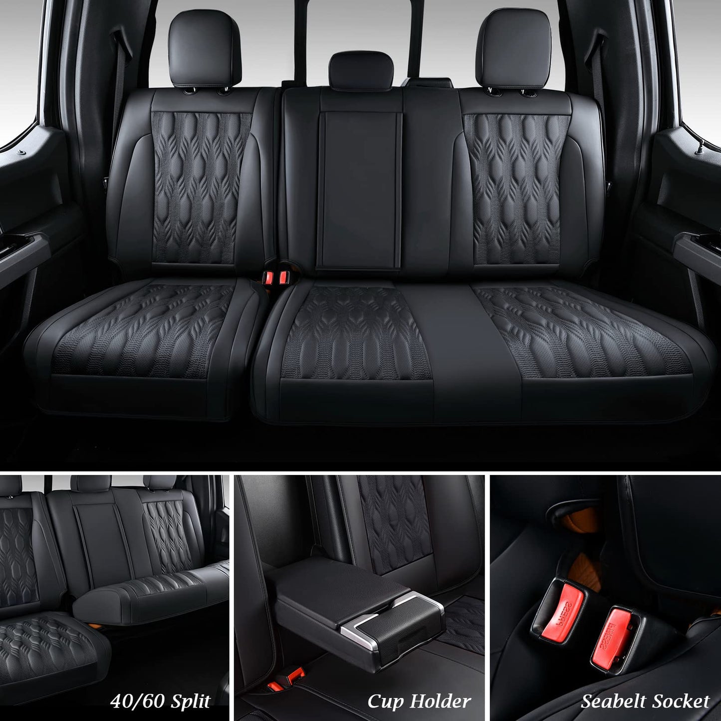 Coverado Car Seat Covers Full Set, Leather Ford F150 Seat Covers Fit for 2015-2025 F150 and 2017-2025 F250 F350 F450 Super Duty Crew Cab XL XLT Lariat King Ranch Platinum (Black)