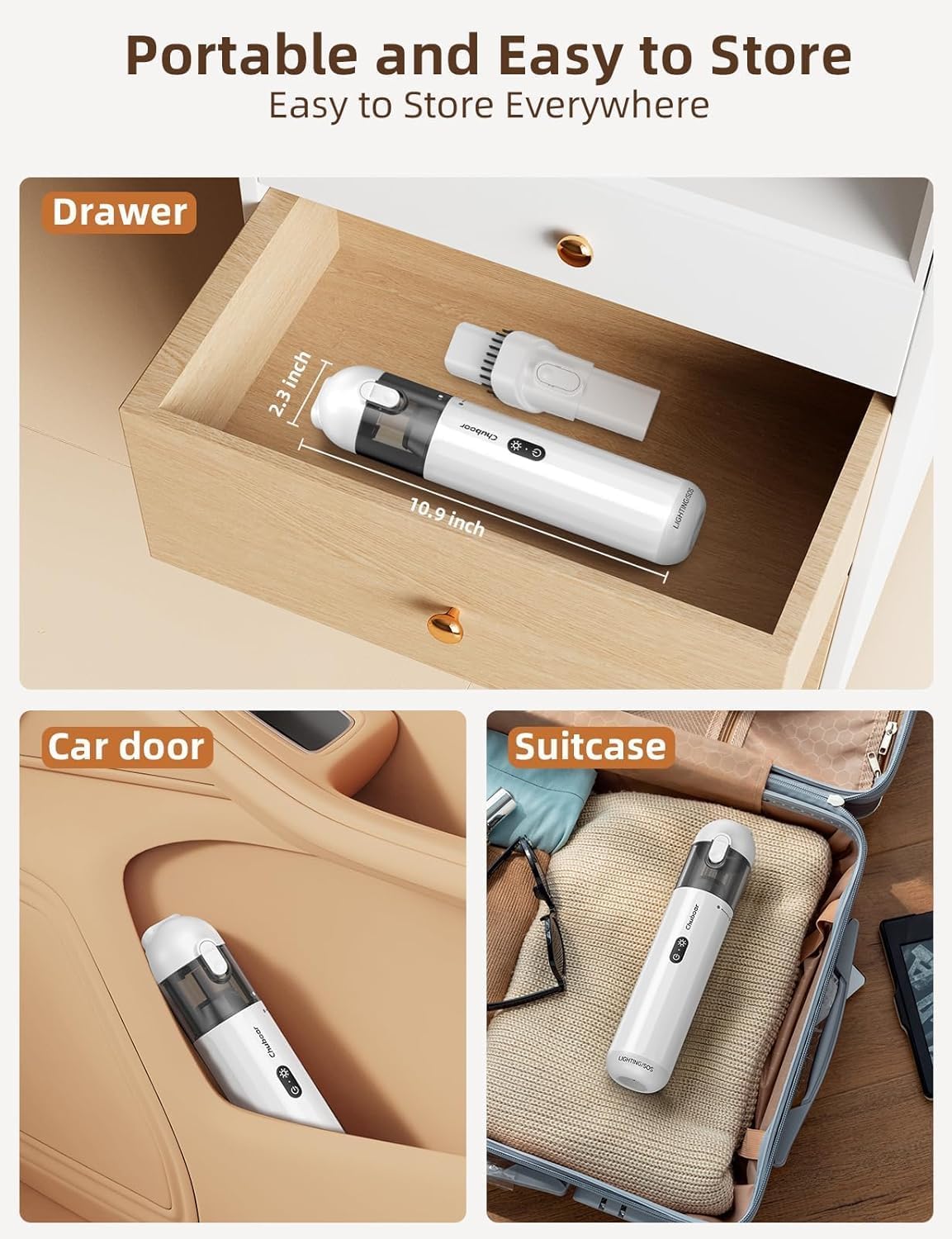 Chuboor Handheld Car Vacuum Cleaner, 14,000Pa Cordless Vacuum Cordless Rechargeable, 120 WPowerful Mini Hand Vacuum with Multifunctional Nozzle for Car, Home, Office, Pet Hair (White)