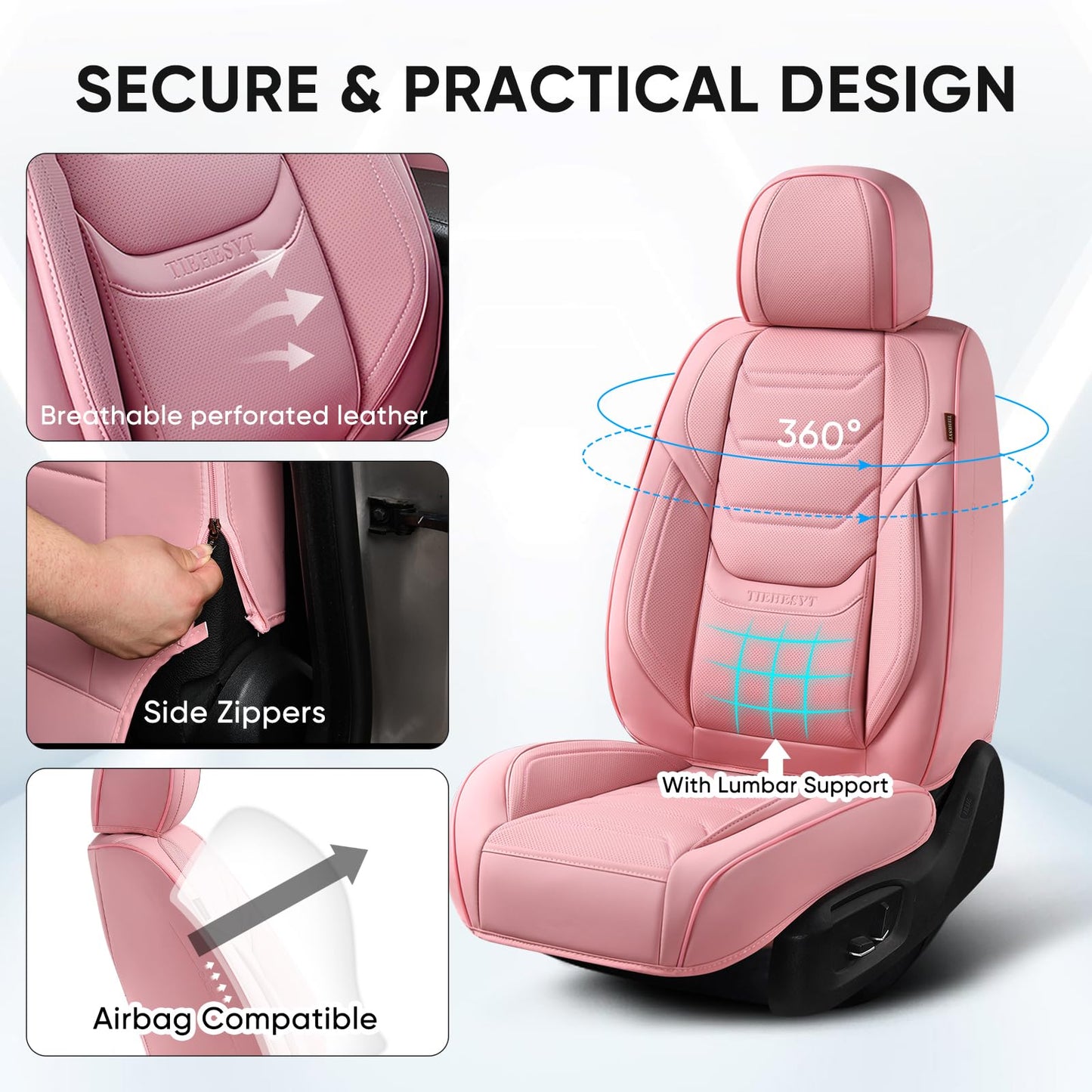 TIEHESYT Pink Car Seat Covers Full Set, Breathable Leather Automotive Front and Rear Seat Covers with Headrest, Waterproof Auto Seat Protectors Fit for Most Sedans SUV Pick-up Truck