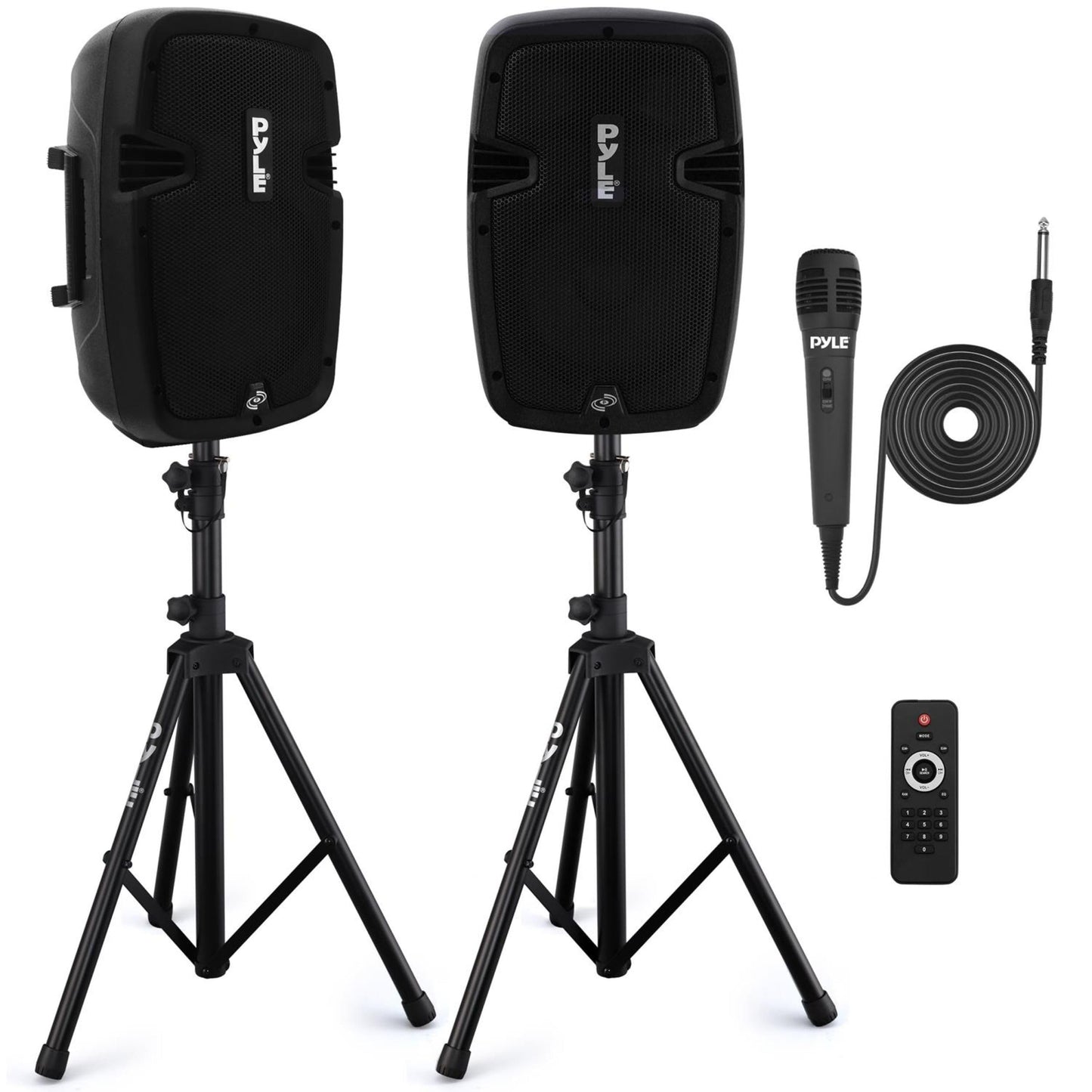 Pyle Powered PA Speaker System Active & Passive Bluetooth Loudspeakers Kit with 8 Inch Speakers, Wired Microphone, MP3/USB/SD/AUX Readers, Speaker Stands- PYLE PPHP849KT.5,Black