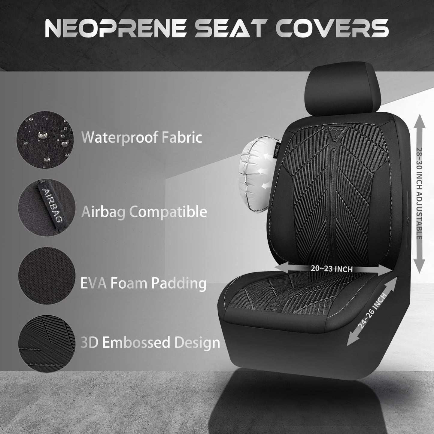 CAR PASS Waterproof Car seat Covers Front Seats Covers Neoprene Wetsuit, All-Weather Non-Slip Durable, Universal Fit for SUV Sedans Trucks Vans Automotive, Armrest Airbag Compatible, Emboss 2 Black