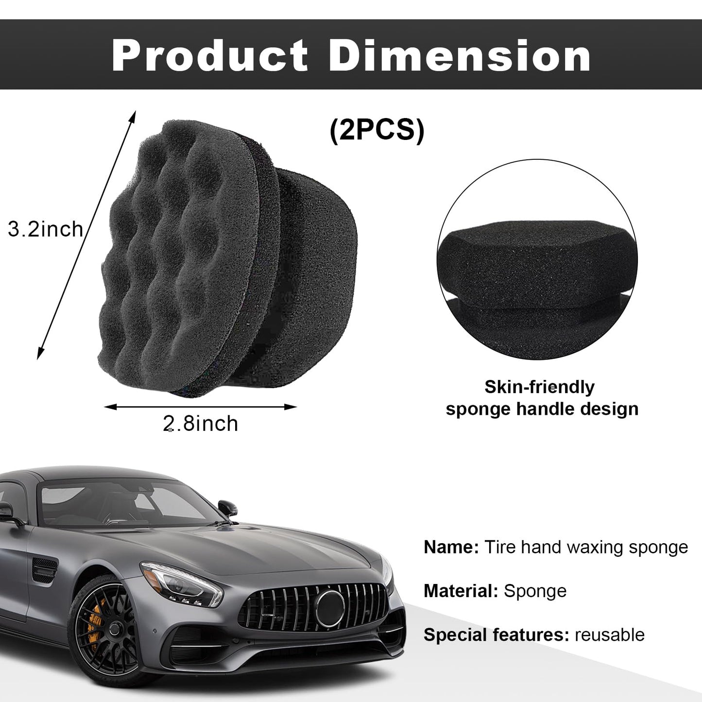 Wevdn 2PCS Tire Shine Applicator, Durable & Reusable Hex Grip Tire Dressing Sponge Foam Detailing Pad, Washable Round Shape Wheel Tire Shine Car Cleaning Sponge, Car Accessories (Black-Small)