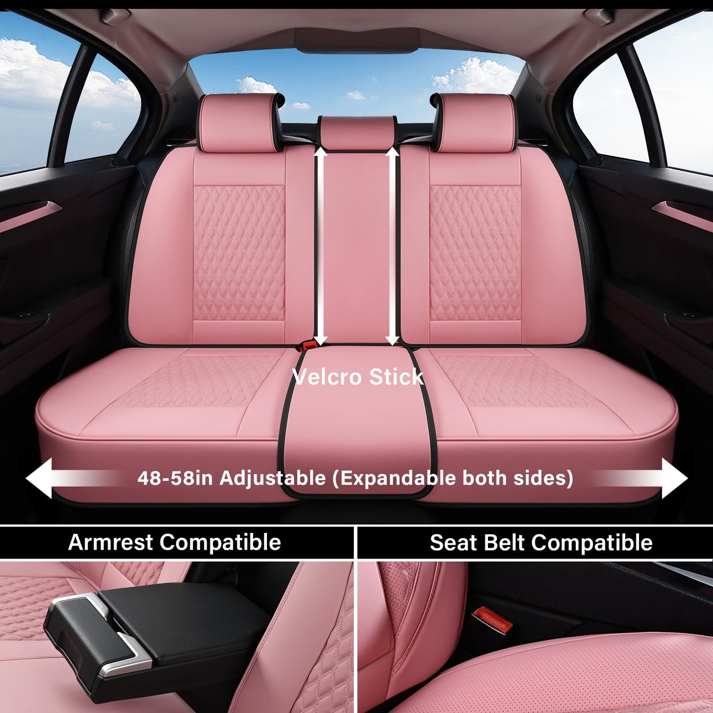 Coverado Seat Covers Full Set, Pink Car Seat Covers, Waterproof Car Seat Cover with Lumbar Support, Leather Car Seat Cushion Protector, Car Seat Covers Universal Fit Most Cars