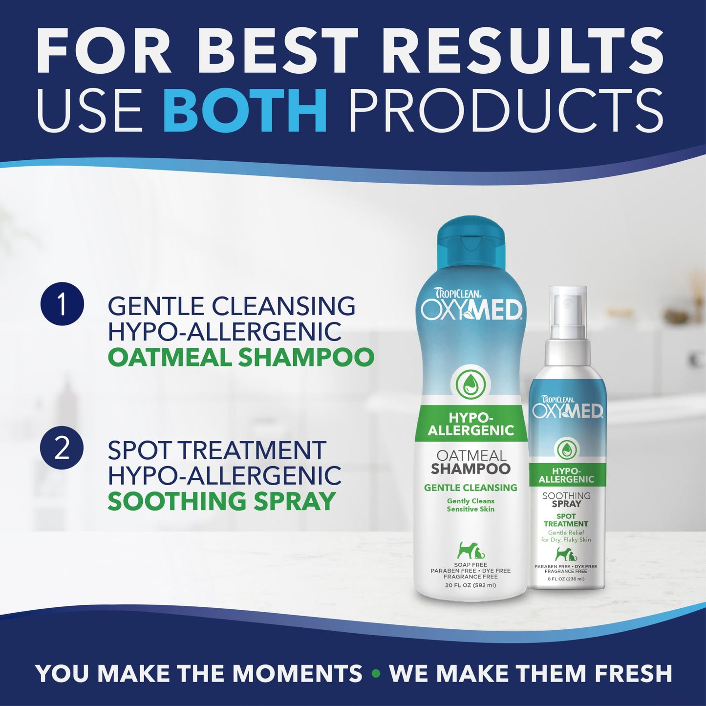 TropiClean OxyMed Hypoallergenic Dog Shampoo for Allergies and Itching, Skin Soothing Shampoo for Pets with Sensitive Skin, Tearless, Cat Safe, 20oz.