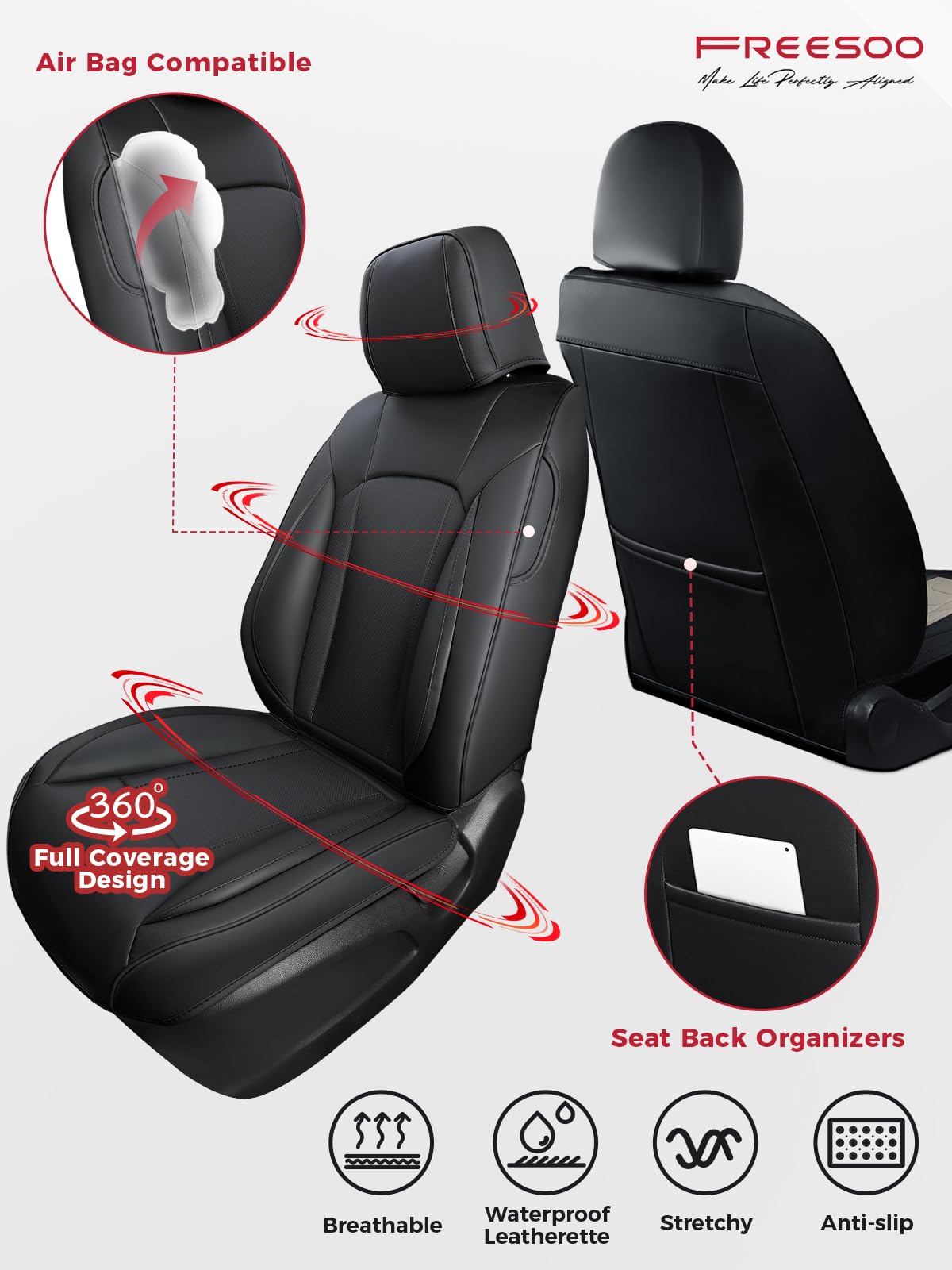 FREESOO Car Seat Covers Full Set - Faux Leather Universal Automotive Seat Covers Car Seat Cover Protectors Universal Fit for Most 5 Seats Cars Sedans Trucks SUVs with Breathable Waterproof Black