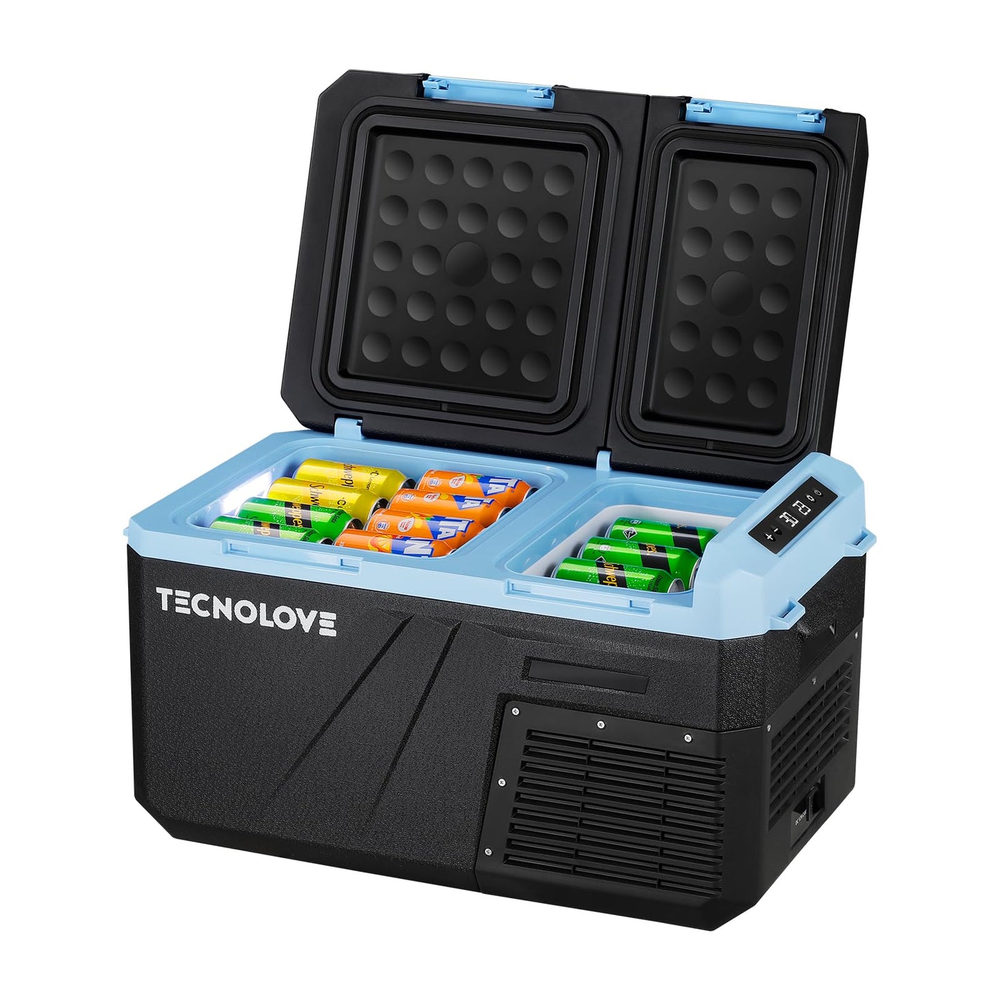 Tecnolove 25L Car Refrigerator Freezer, 27QT Dual Zone Portable Compressor Cooler with Reversible Door, 100–240V AC / 12V / 24V DC Powered, Touchscreen Control, LED Light, -4℉ to 68℉, Ice Blue