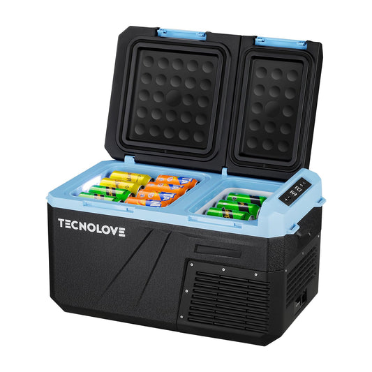 Tecnolove 25L Car Refrigerator Freezer, 27QT Dual Zone Portable Compressor Cooler with Reversible Door, 100–240V AC / 12V / 24V DC Powered, Touchscreen Control, LED Light, -4℉ to 68℉, Ice Blue