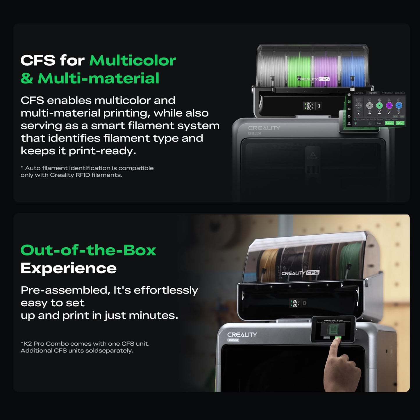 Creality K2 Pro Combo (A) 3D Printer, Multicolor 3D Printer with CFS, 600mm/s Max High-Speed, Dual AI Camera, Fully Assembled Auto Leveling, 300x300x300mm Large Print Volume, for Pros & Hobbyists