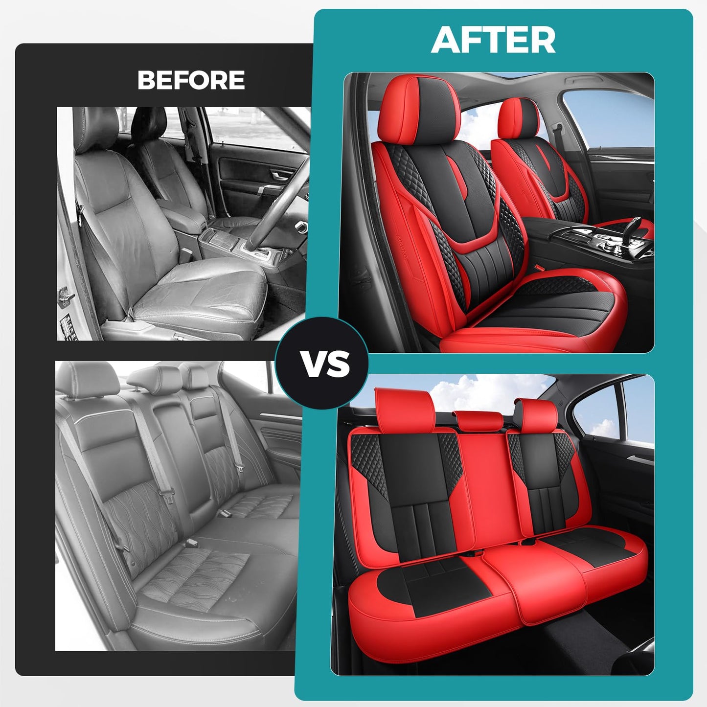 FEINEPRO Car Seat Covers Full Set - Universal Seat Covers for Cars SUV Truck – Faux Leather Automotive Seat Covers, Breathable & Waterproof Front and Rear Seat Protectors, Fit for Most Cars-Redblack