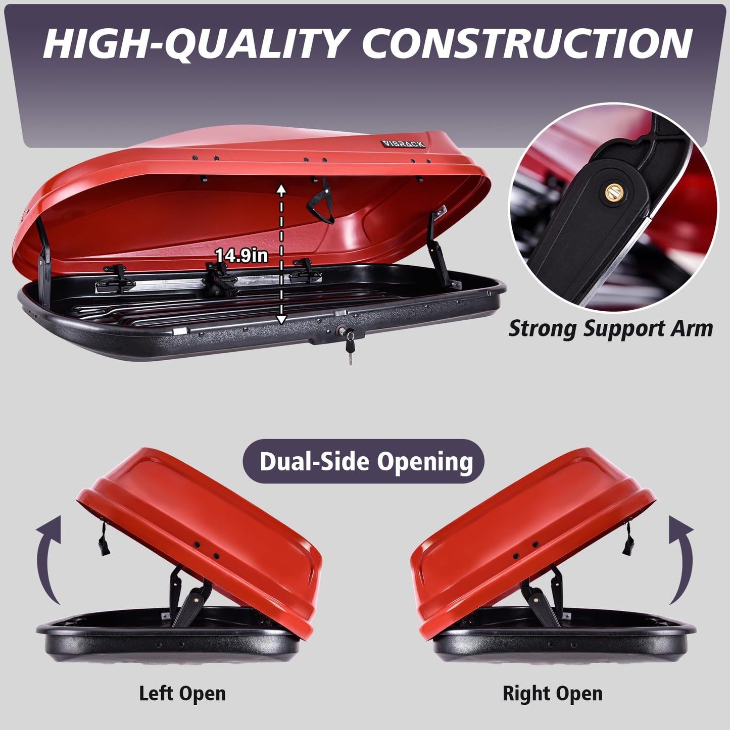 SHINEUX Rooftop Cargo Carrier Hard Shell with Security Keys, Cargo Box, 14 Cubic Feet Roof Rack Cargo Carrier, Rainproof Cargo Carrier for Top of Vehicle(Tool-Free Install), RED