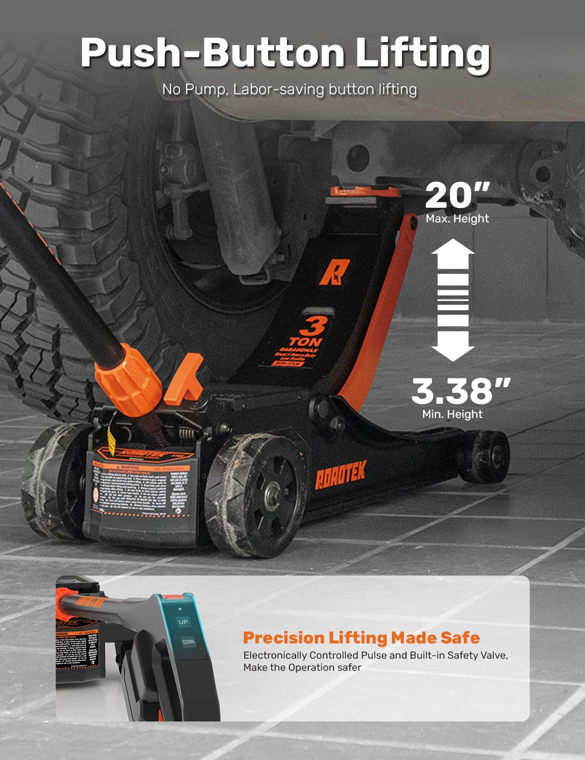 ROADTEK 3 Ton Electric Floor Jack, Low Profile Jack for Quickly Car Lift, Hydraulic Service Jack, 6000 lbs Capacity. Lifting Range 3-3/8" to 20"