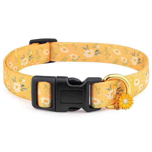 Cotton Handmade Dog Collar for Small Medium Large Dogs,Yellow Daisy with Pendant Cute Dog Collars,Ideal for Girl Dogs Boy Dogs (Medium)
