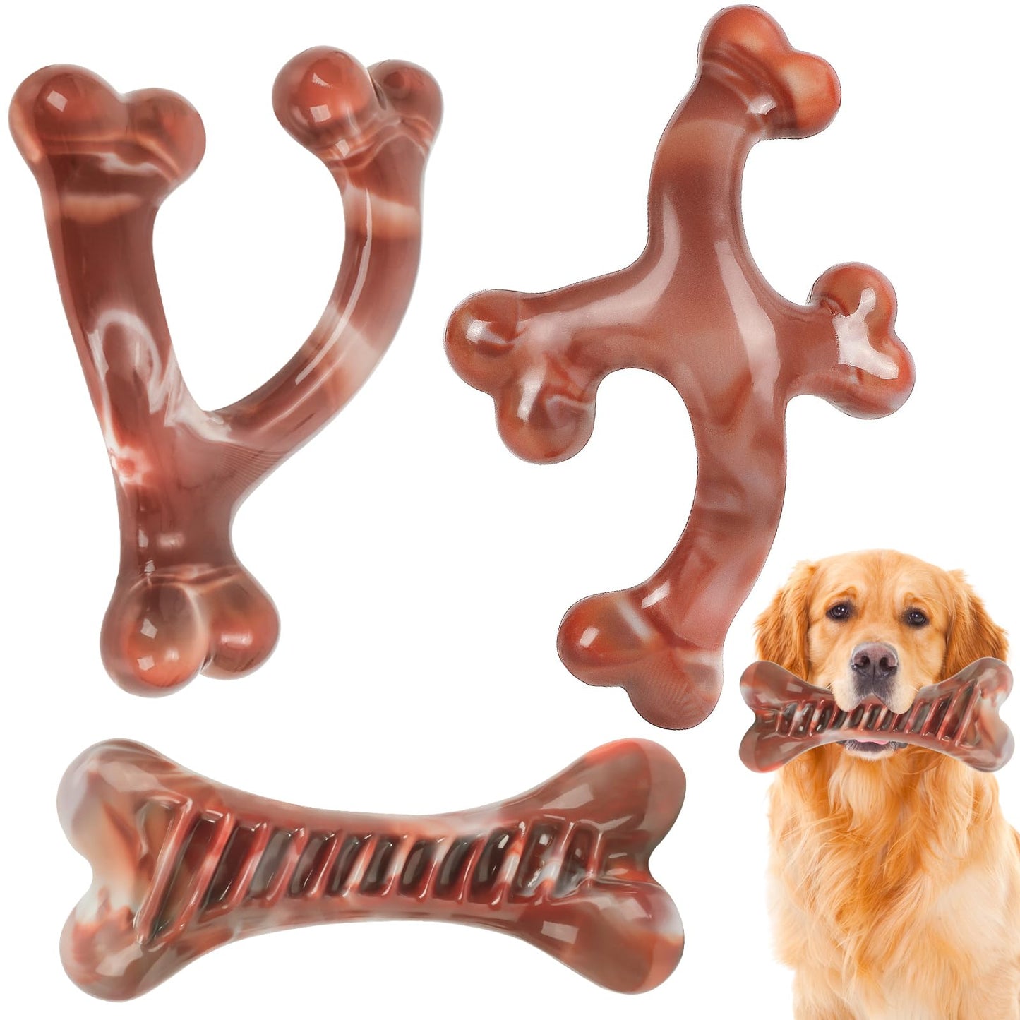 NOUGAT Indestructible Dog Toys - 3 Pack Tough Nylon Bacon Flavor Chew Toys for Large, Medium & Small Breeds