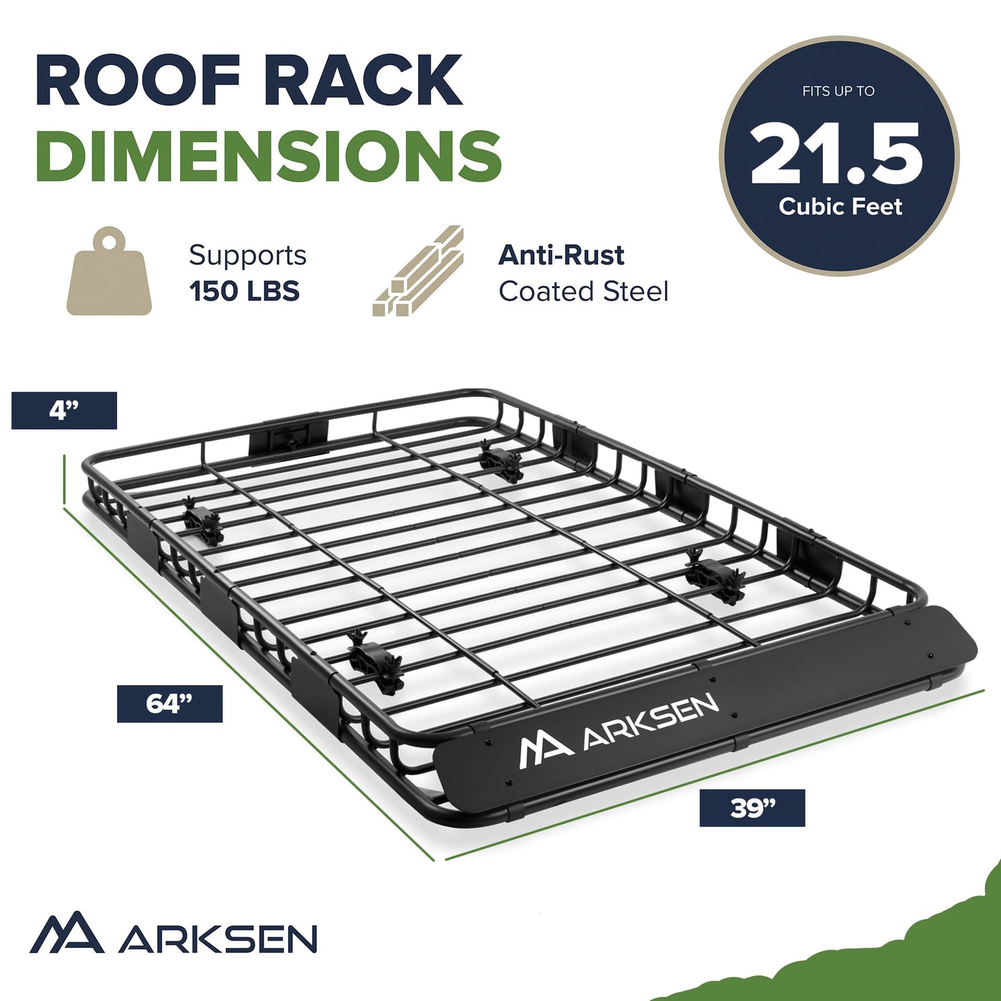 ARKSEN 64 x 39 x 4 Inch Upgrade Universal Roof Rack - 150Lbs Capacity Heavy Duty Rooftop Cargo Carrier with Extension for Car, SUV & Pickup, Durable Steel, Easy Install, Spacious Storage