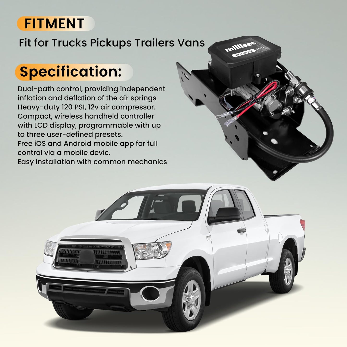 MILLISEC Wireless On Board Air Compressor System Dual-Path Control Heavy-Duty 120 Psi, 12v App Control Air Compressor Kit For Trucks Pickups Trailers Vans, Oem Number Replace# 74000ez