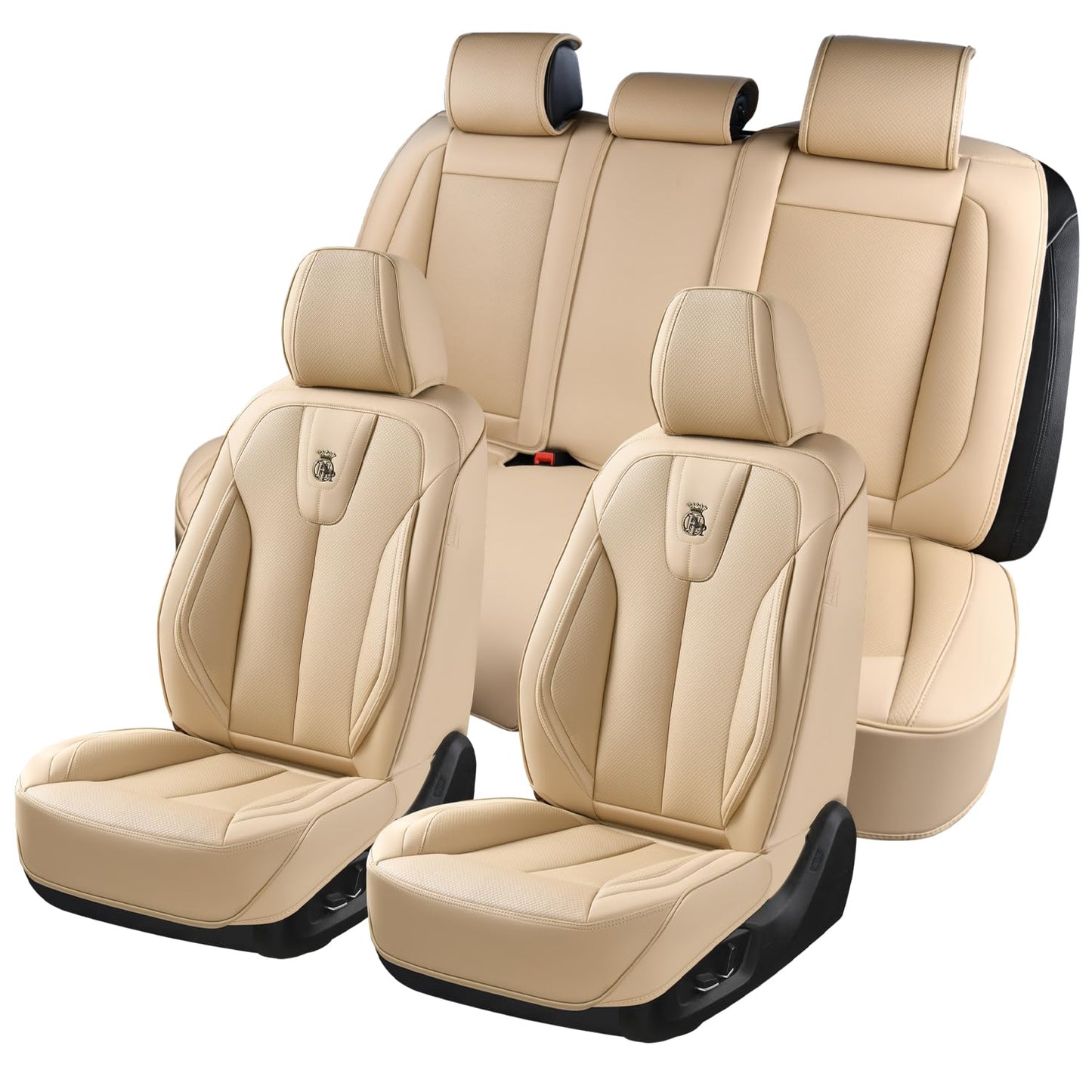 Aupaver Leather Seat Covers Full Set, Waterproof Seat Cover for Cars 5 Seats, Luxury Leatherette Car Seat Cushion, Front and Rear Protectors Automotive Seat Covers for Sedan SUV Pick-up Truck, Beige