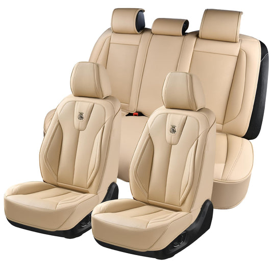 Aupaver Leather Seat Covers Full Set, Waterproof Seat Cover for Cars 5 Seats, Luxury Leatherette Car Seat Cushion, Front and Rear Protectors Automotive Seat Covers for Sedan SUV Pick-up Truck, Beige