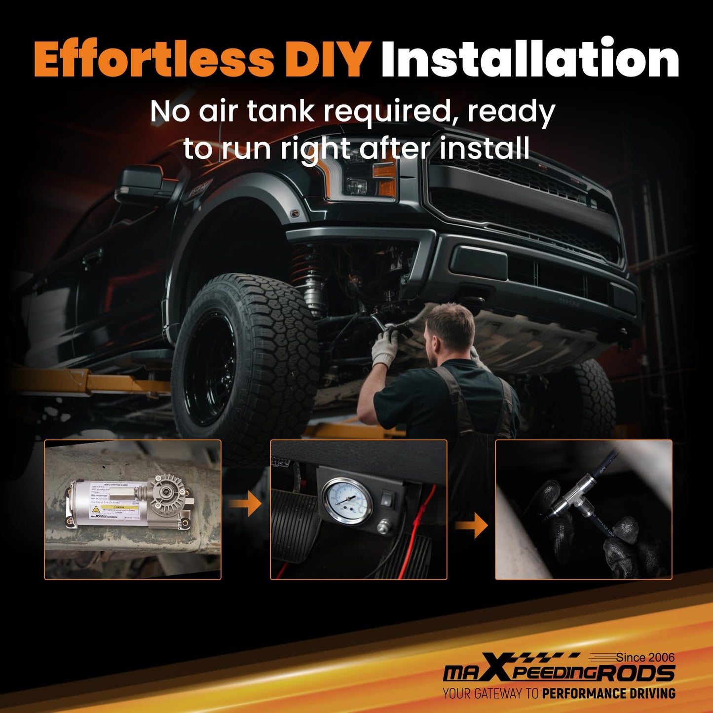 maXpeedingrods On Board Air Compressor System Up to 120 PSI Air Spring Compressor Kit with Analog Gauge Air Line T Fittings Single Path System for Trucks Vans