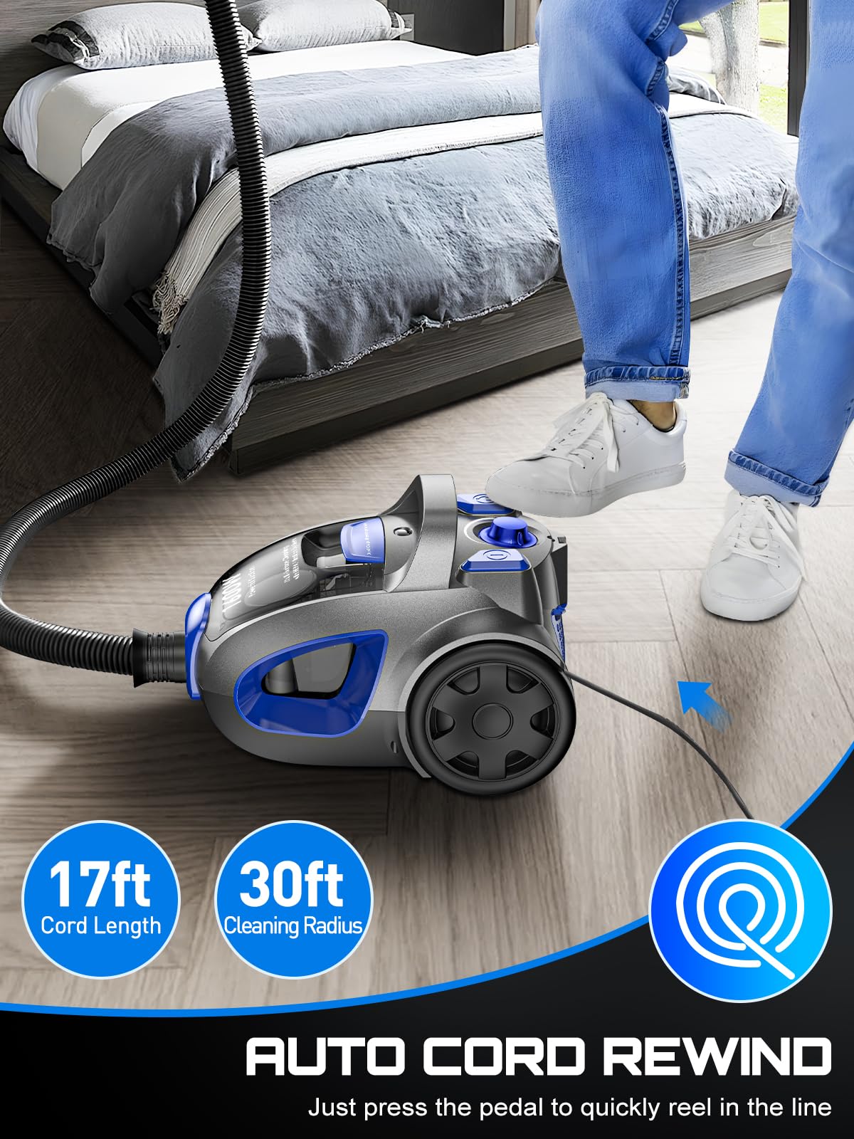 Canister Vacuum Cleaner, 32Kpa 1600W Cyclon Power Bagless Canister Vacuum Cleaners for Home, 3.7QT Large Dust Cup, Lightweight Vac for Hard Floors, Carpets, Pet Hair, Blue