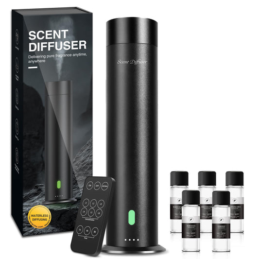 Waterless Scent Diffuser Starter Kit - 800 Sq Ft Coverage, Hotel Scent Diffuser, Essential Oil Diffuser Large Room, Included 5 Scent Oils, Remote Control, Black, 11.20In