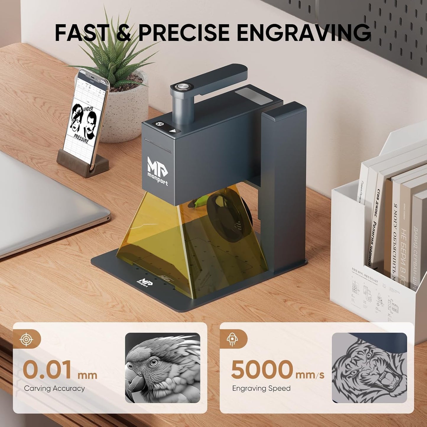 Monport Nano Laser Engraver Portable Handheld 6W Laser Engraving Machine, 0.01mm High Precision 5000mm/s High Speed Laser Marking Machine for Wood, Leather, Cardboard, Kraft, Aluminum, Stainless Steel