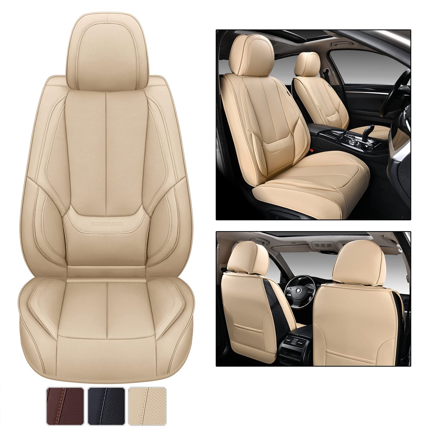 Coverado Front Seat Covers, 2 Pieces Universal Seat Covers for Cars, Waterproof Nappa Leather Sideless Auto Seat Protectors, Car Seat Cushions Universal Fit for Most Sedans SUV Pick-up Truck Beige