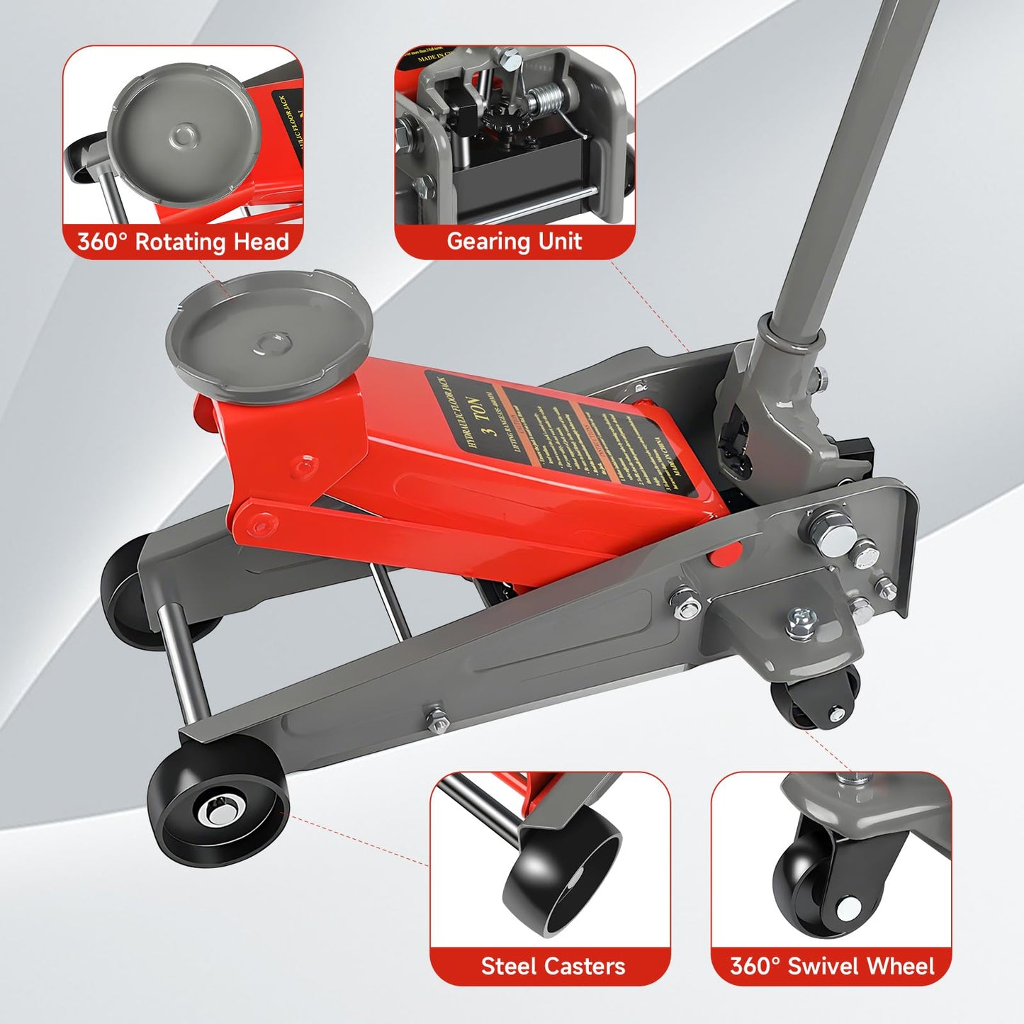 LARBANKE 3 Ton Floor Jack,6600 LBS Heavy Duty Hydraulic Floor Jack with Wheels,Lift Range:5.31'' -18.11'',Carbon Steel Material,Suitable for Home,Garage and Repair Shops,Red