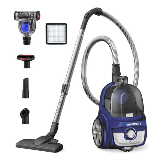 Aspiron Canister Vacuum, Upgraded 1600W Bagless Canister Vacuum Cleaner, Auto Cord Rewind, H13 HEPA Filter, 3.7Qt Large Capacity, 5 Tools for Hard Floors, Carpet, Pet, Upholstery, Tiles, Car, Navy