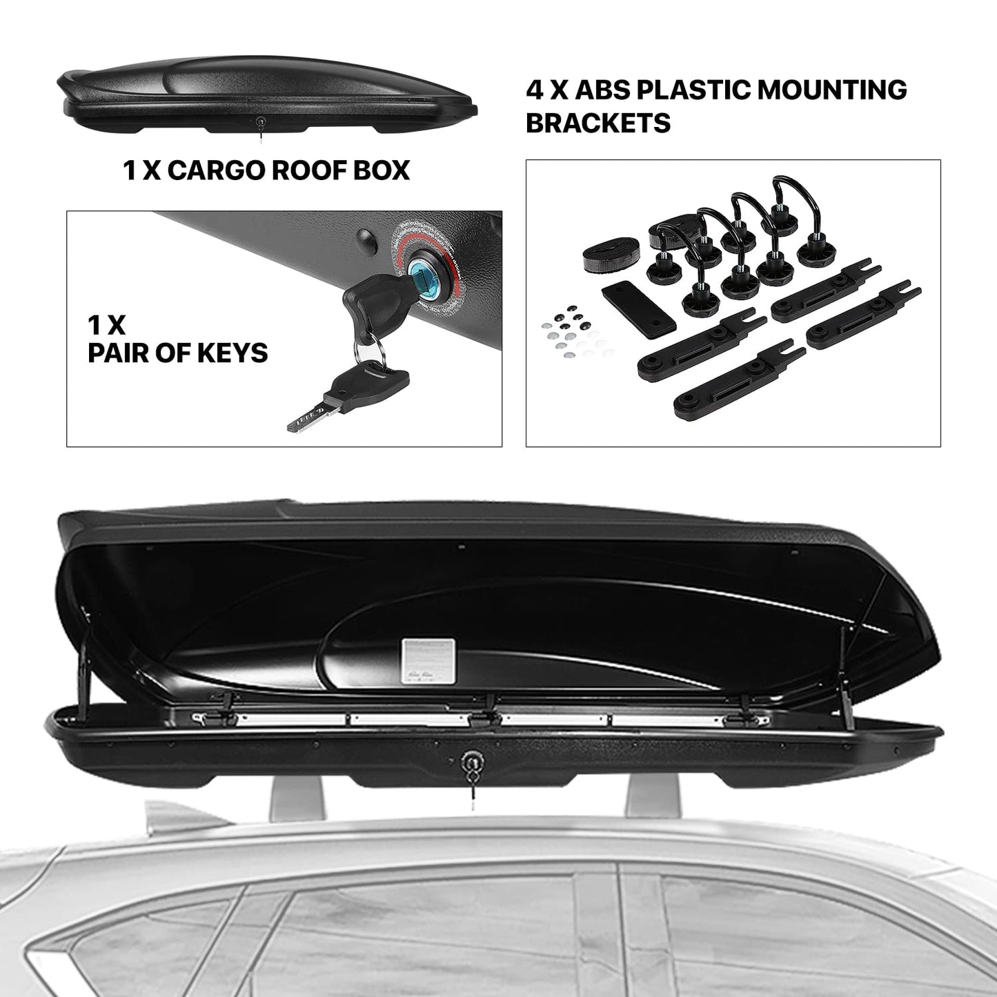 DNA MOTORING Extra Long XXL Rooftop Cargo Carrier Box Lockable Roof Luggage Storage Case w/Lock+Keys, 110Lb Capacity, 15 Cubic Ft.(Textured Black),PT-ZTL-8294-BK