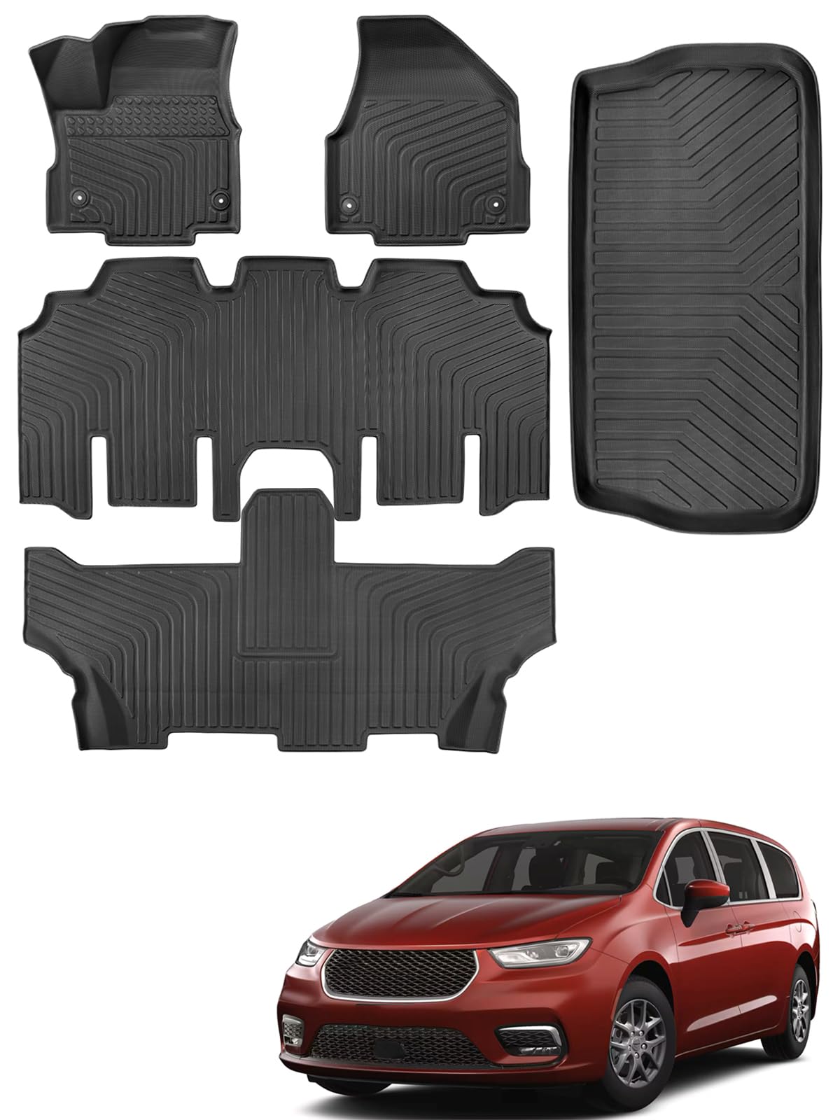 for Chrysler Pacifica 2017-2024 2025 7/8 Passenger (No Hybrid) Floor Mats Cargo Liner Trunk Carpet All Weather TPE Mat for Voyager 2020-2025, for Pacifica/Voyager 2018 2019 2021 2022 2023 Accessories