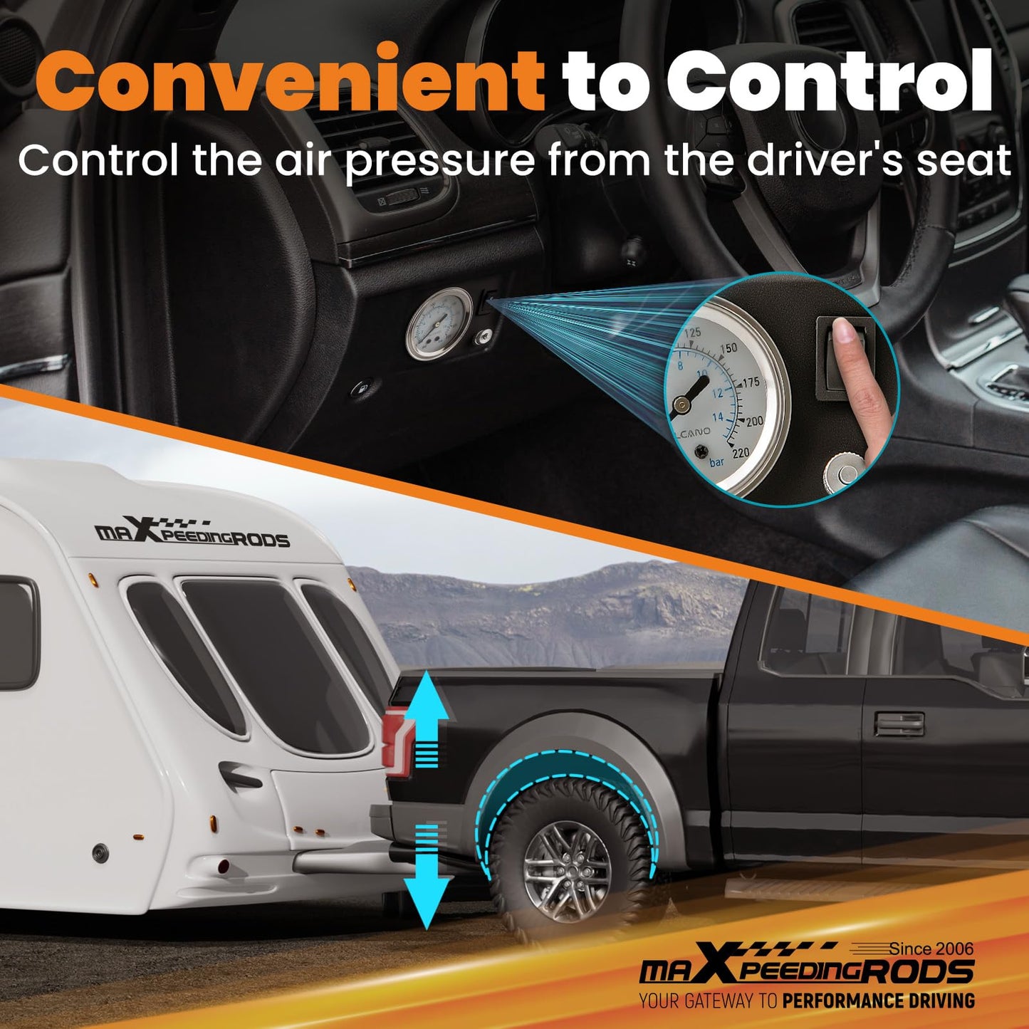 maXpeedingrods On Board Air Compressor System Up to 120 PSI Air Spring Compressor Kit with Analog Gauge Air Line T Fittings Single Path System for Trucks Vans